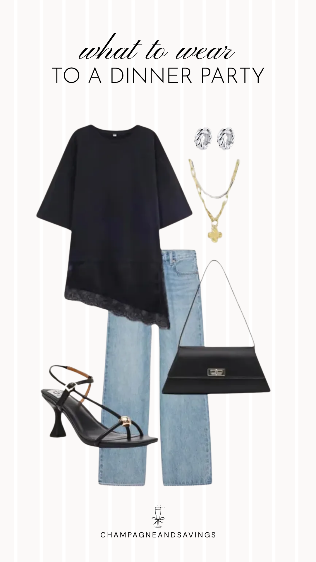 A dinner party outfit idea featuring an asymmetrical lace top paired with strappy heels for an elegant fall look that's perfect for special occasions, date nights, and festive dinners.