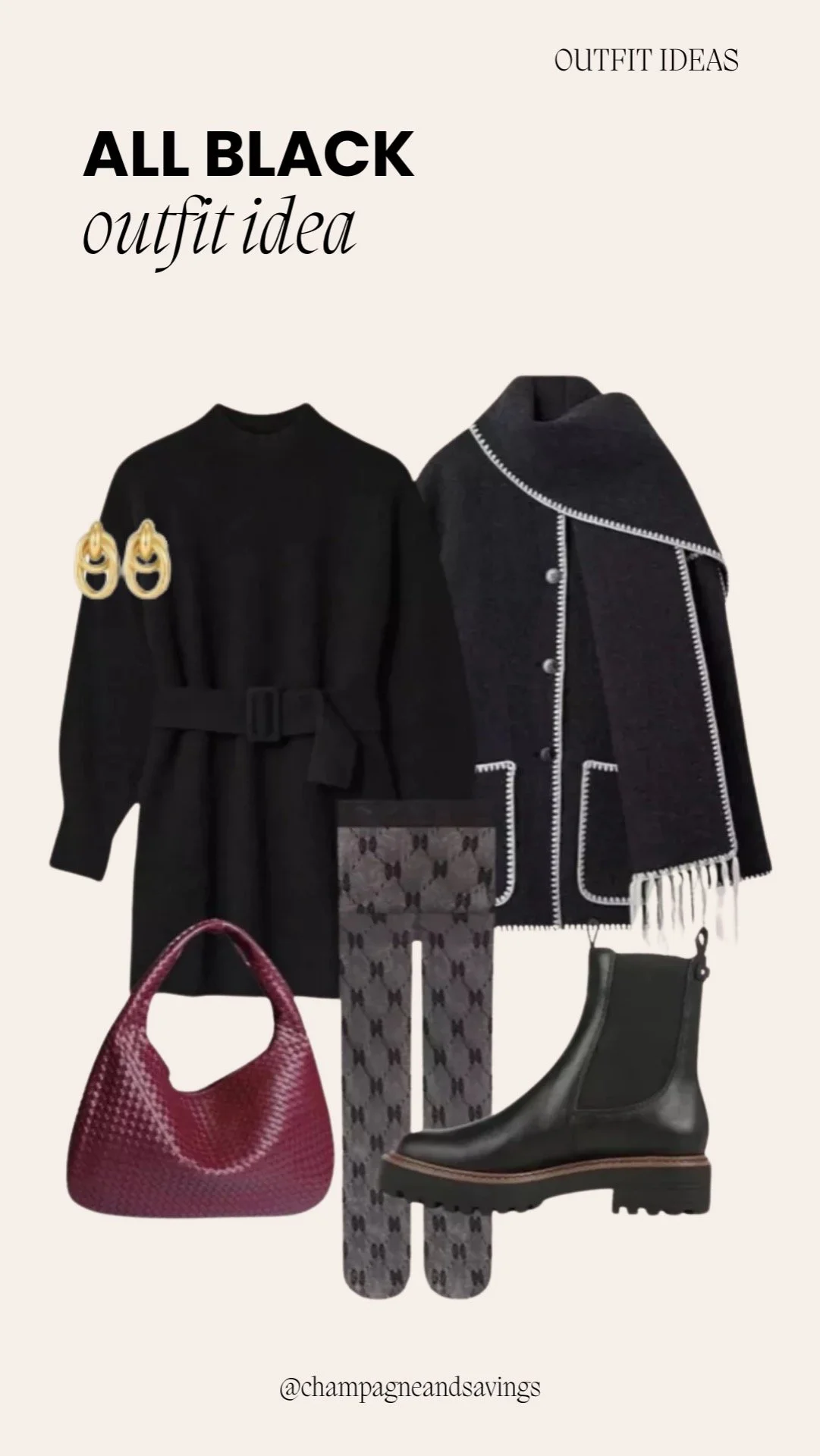 Outfit collage showing a cute and comfy all-black outfit idea with a cozy sweater dress and a statement coat.