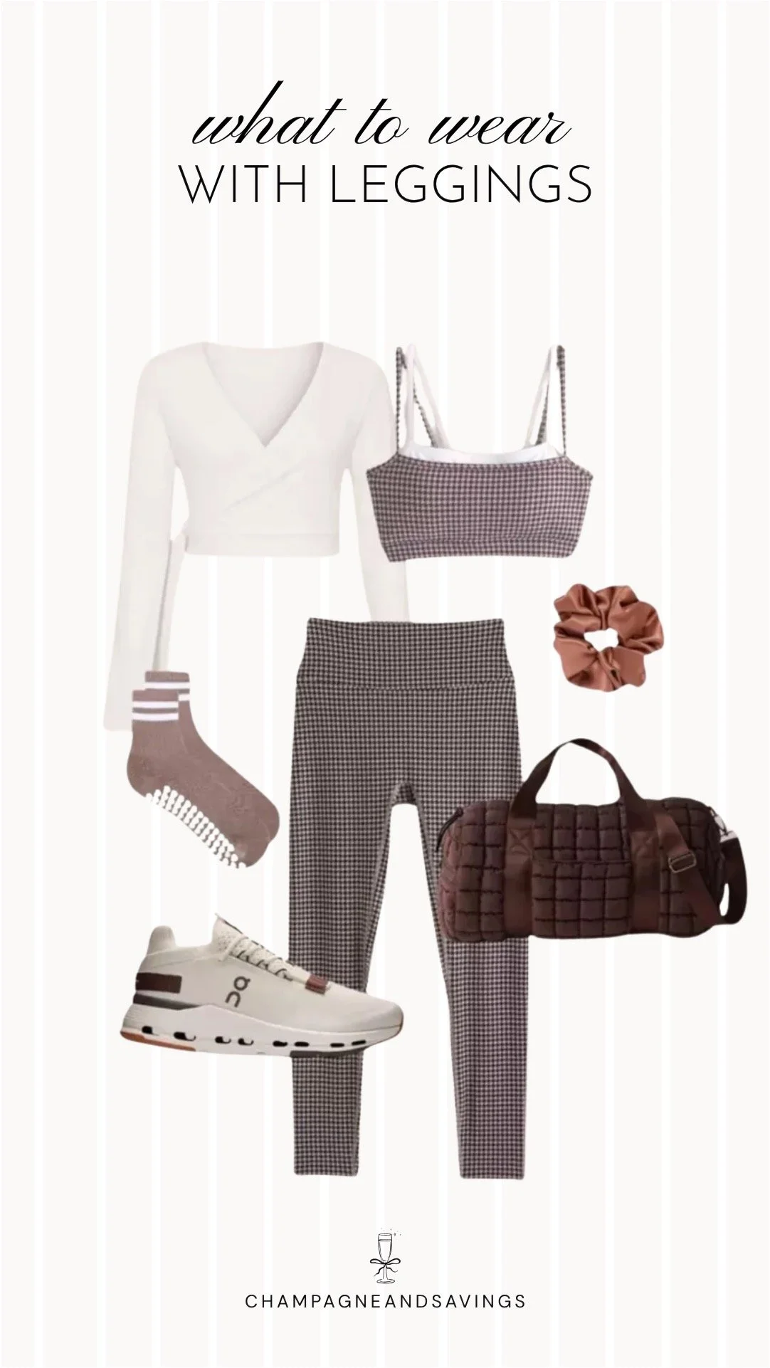 Collage of outfit pieces featuring black leggings styled with a fitted long sleeve top and a duffle bag for a casual and sporty everyday outfit.