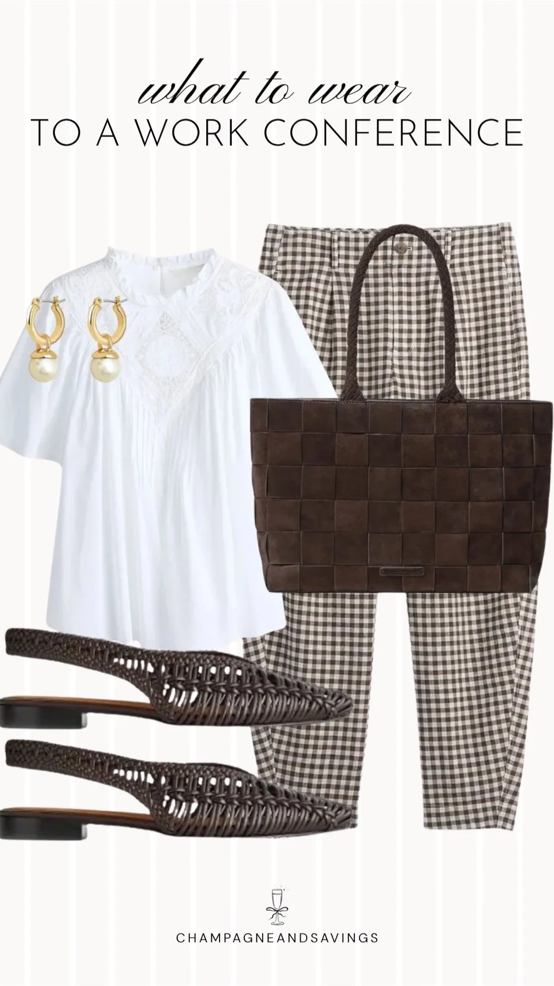 Collage of work conference outfit pieces featuring a lace detail blouse, gingham trousers, and woven flats for a polished professional look with feminine details.