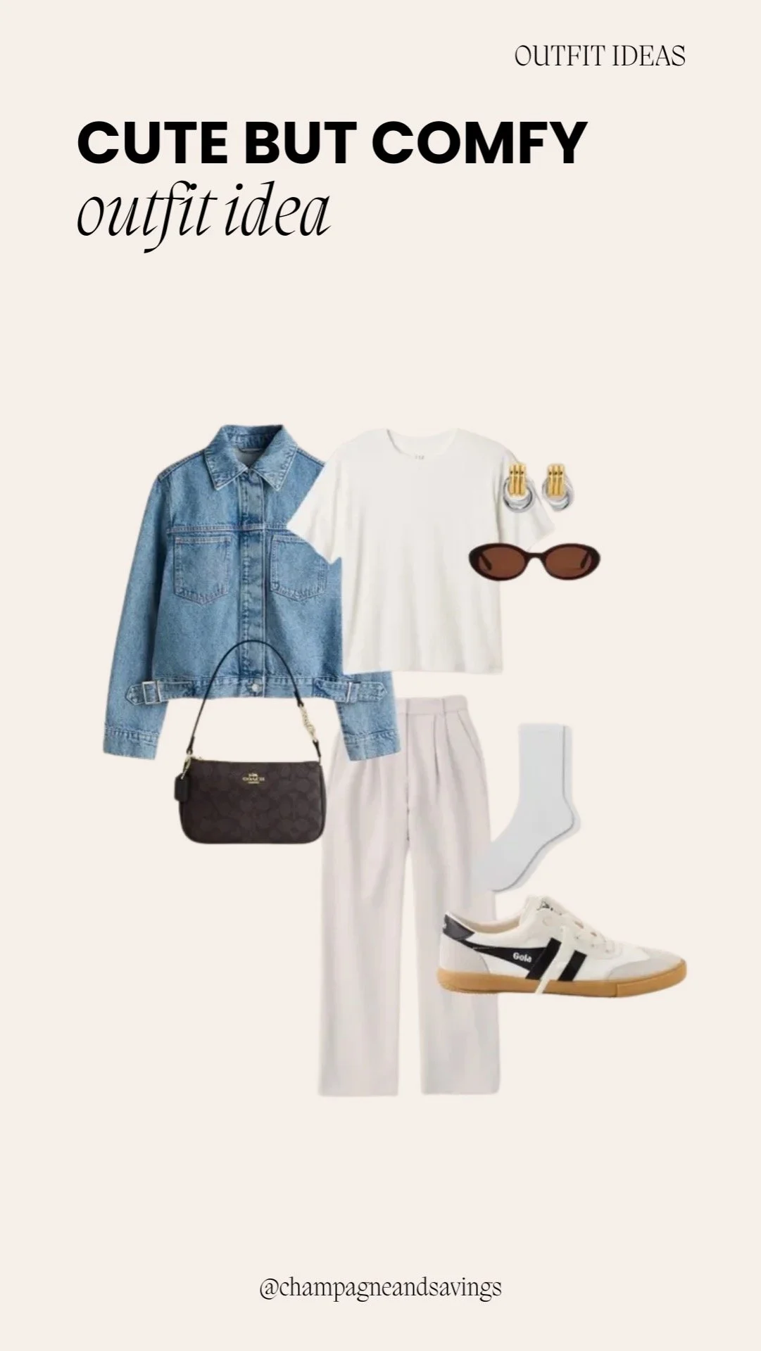 Outfit collage showing a cute and comfy outfit idea with a denim jacket and relaxed neutral wardrobe pieces.