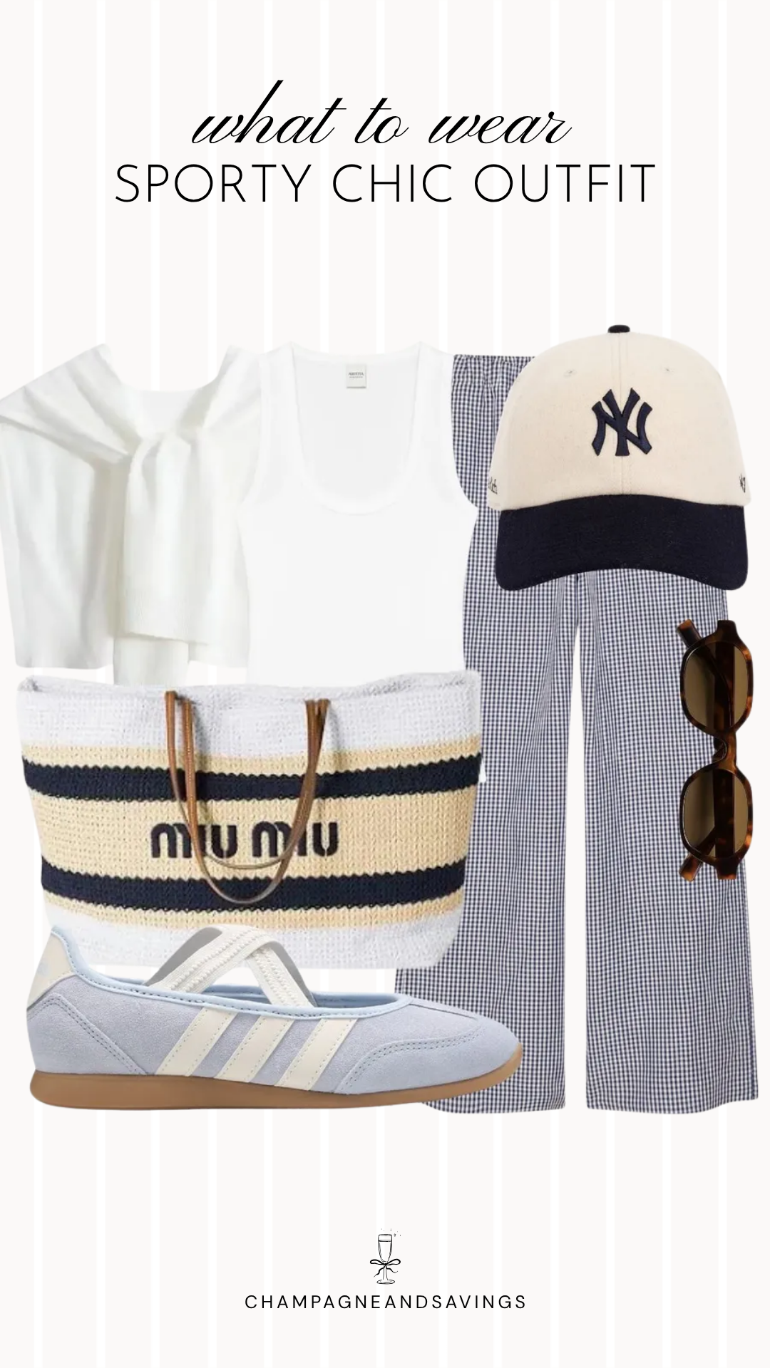 Collage of sporty chic outfit pieces featuring gingham wide leg pants paired with a tank top and sneakers for a relaxed sporty chic outfit.
