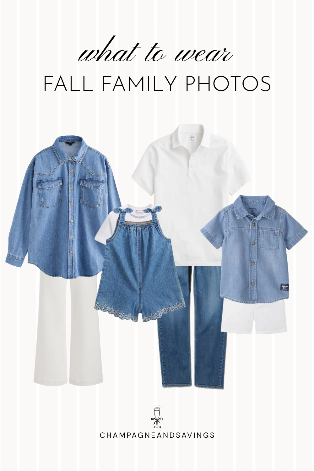 Collage of outfit pieces for a fall family photo color scheme featuring classic denim and crisp white pieces for a timeless, coordinated family look.