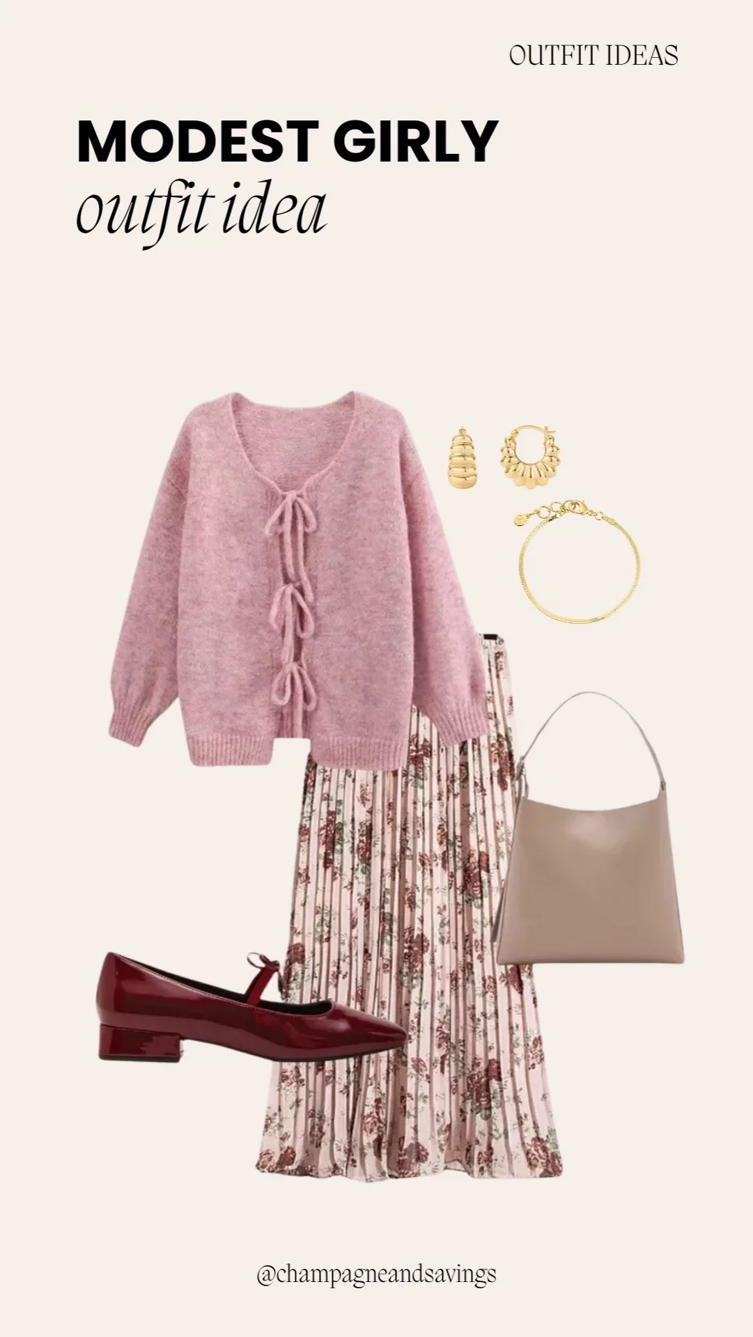 Modest girly outfit idea featuring a soft pink cardigan paired with a pleated floral skirt, styled together as coordinated outfit pieces.