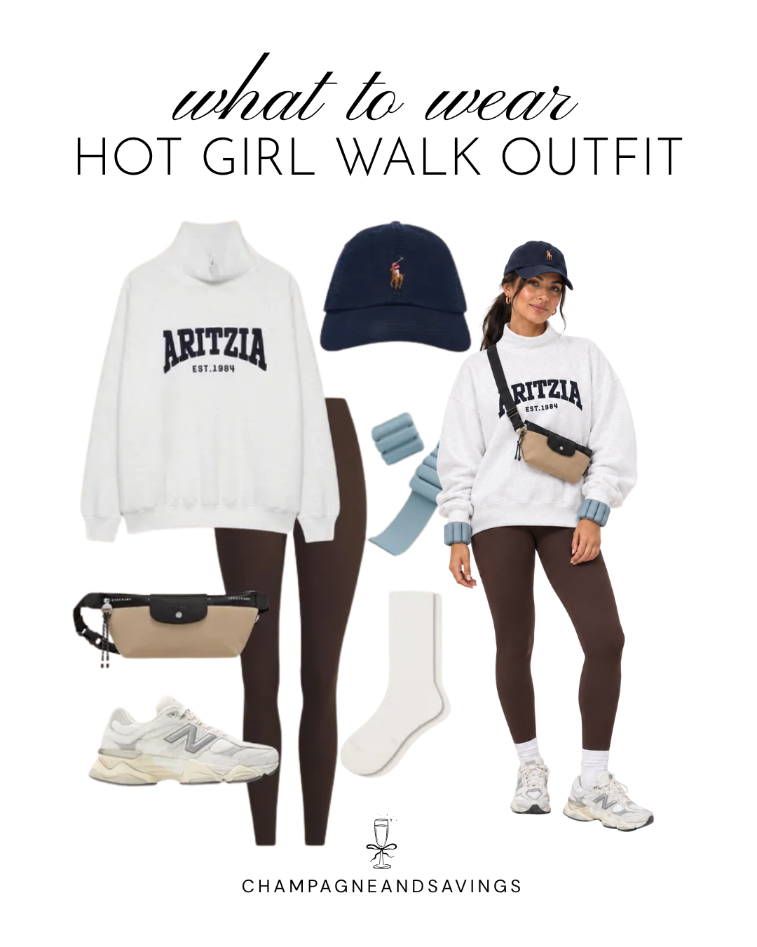 Hot girl walk outfit idea featuring a mockneck sweatshirt paired with chocolate brown leggings, shown in a collage of outfit pieces for a cute and comfortable walking outfit.