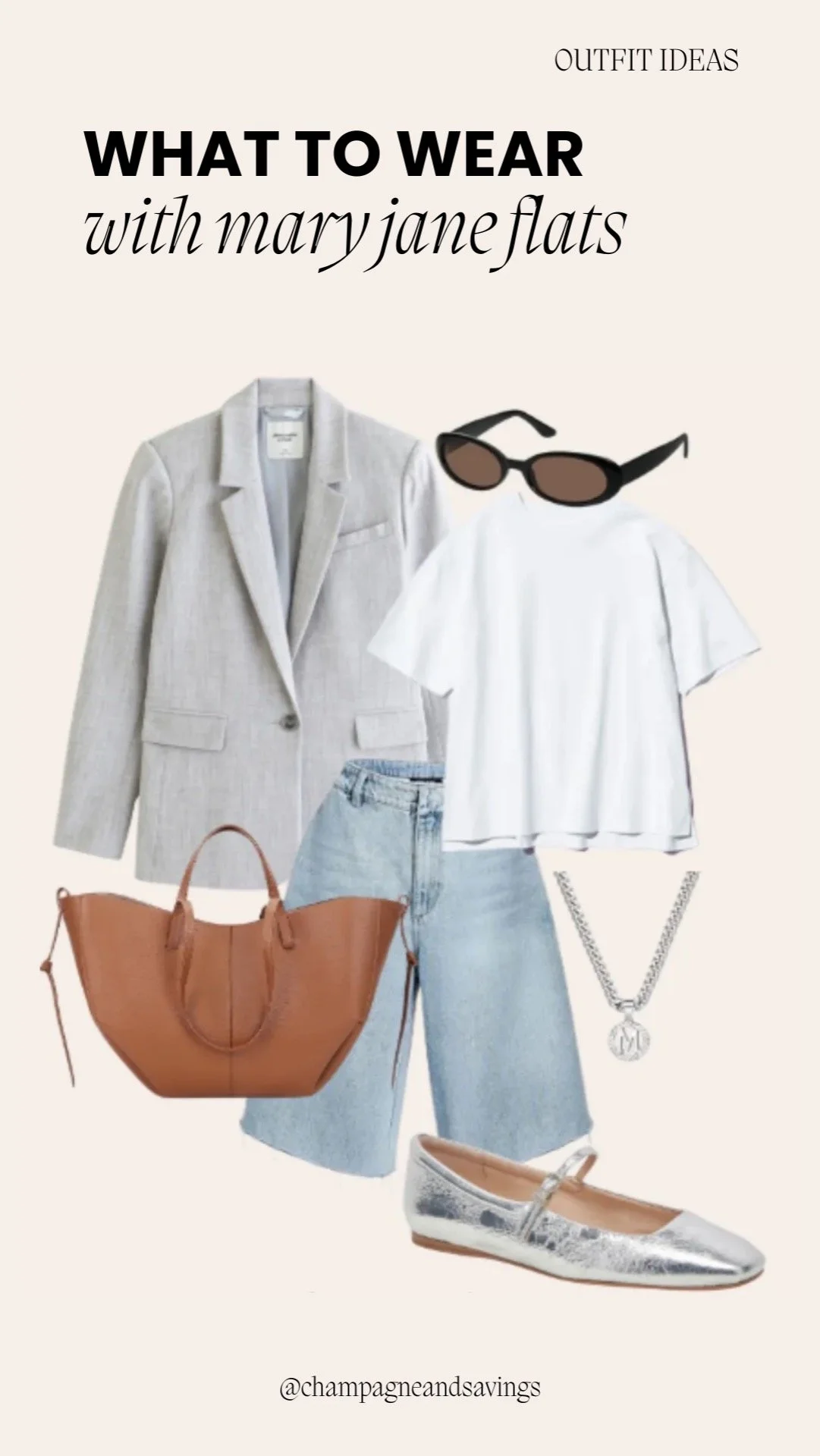 Chic spring outfit featuring Mary Jane flats paired with a blazer and jean shorts