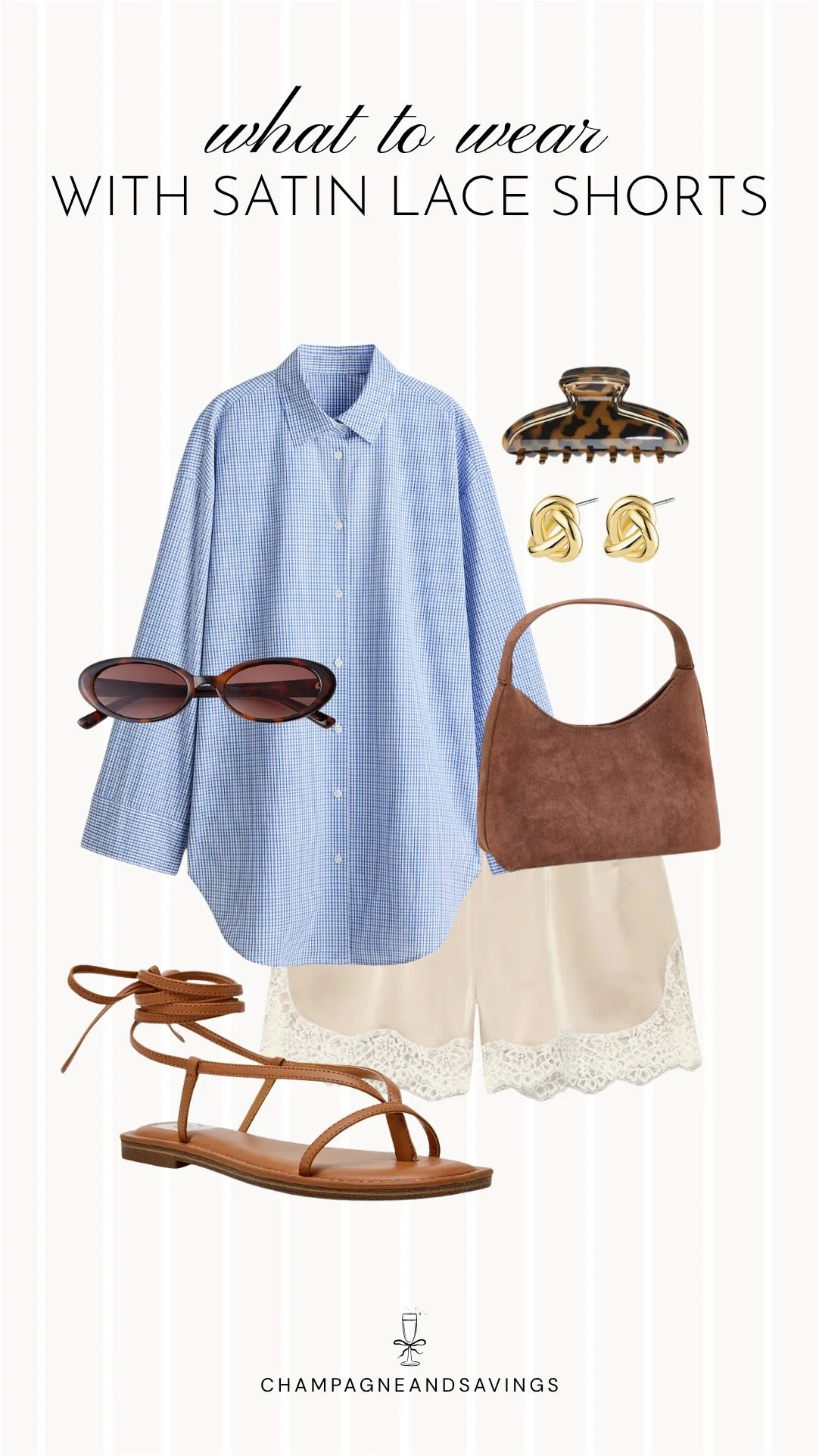 Collage of outfit pieces featuring satin lace shorts styled with a button-down shirt for a clean, effortlessly chic outfit