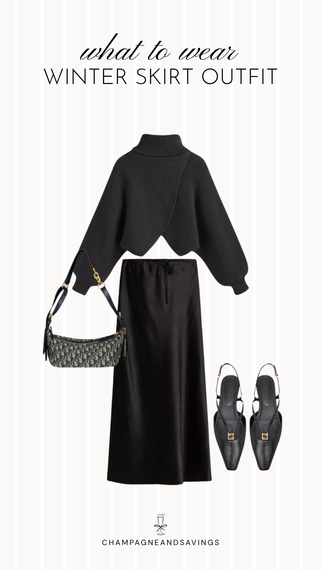Black maxi skirt and turtleneck winter outfit idea with cozy layers and accessories for a chic cold-weather look.