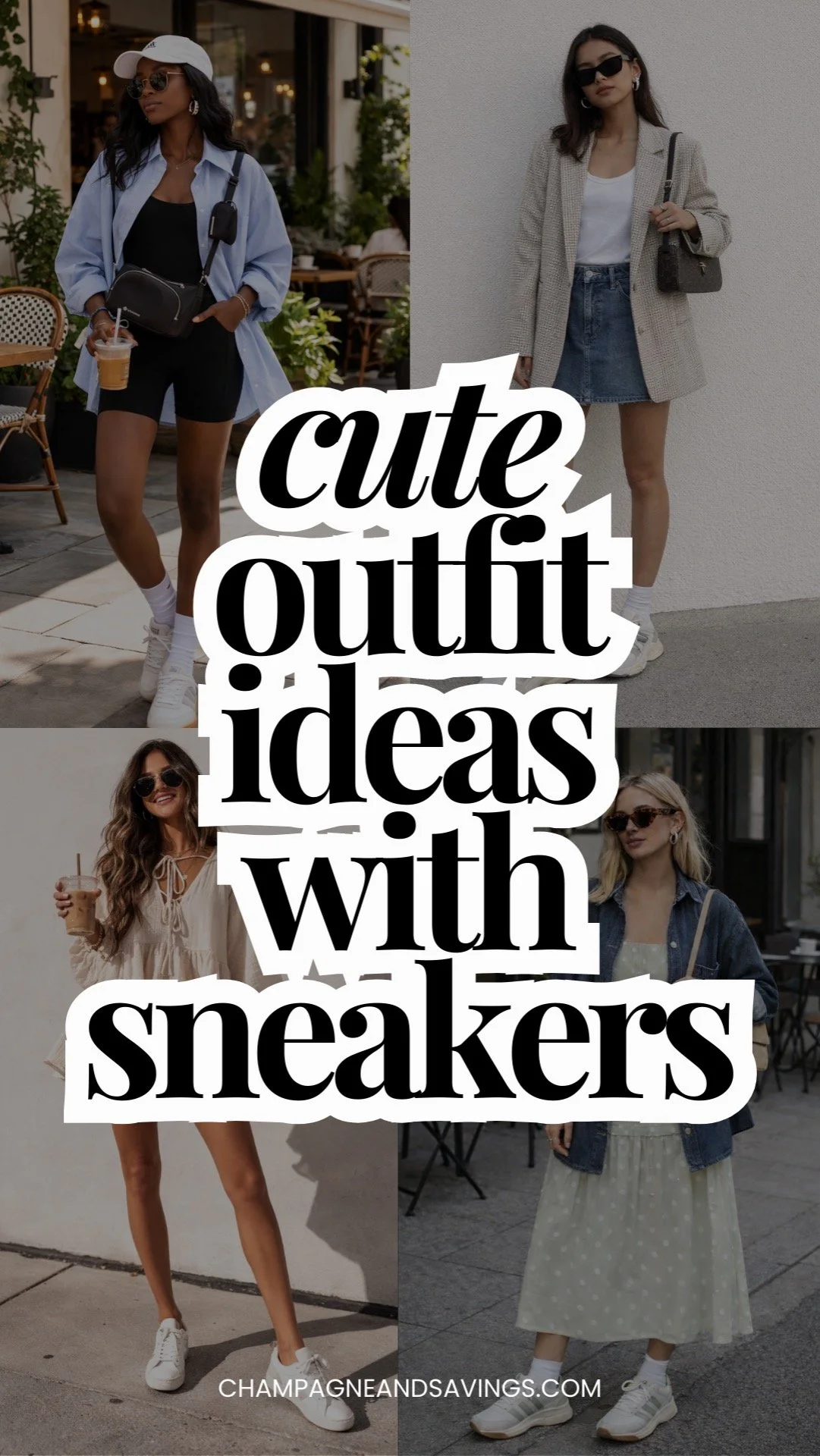 Image reading “Cute Outfit Ideas with Sneakers” featuring a collage of four girls in stylish casual outfits.