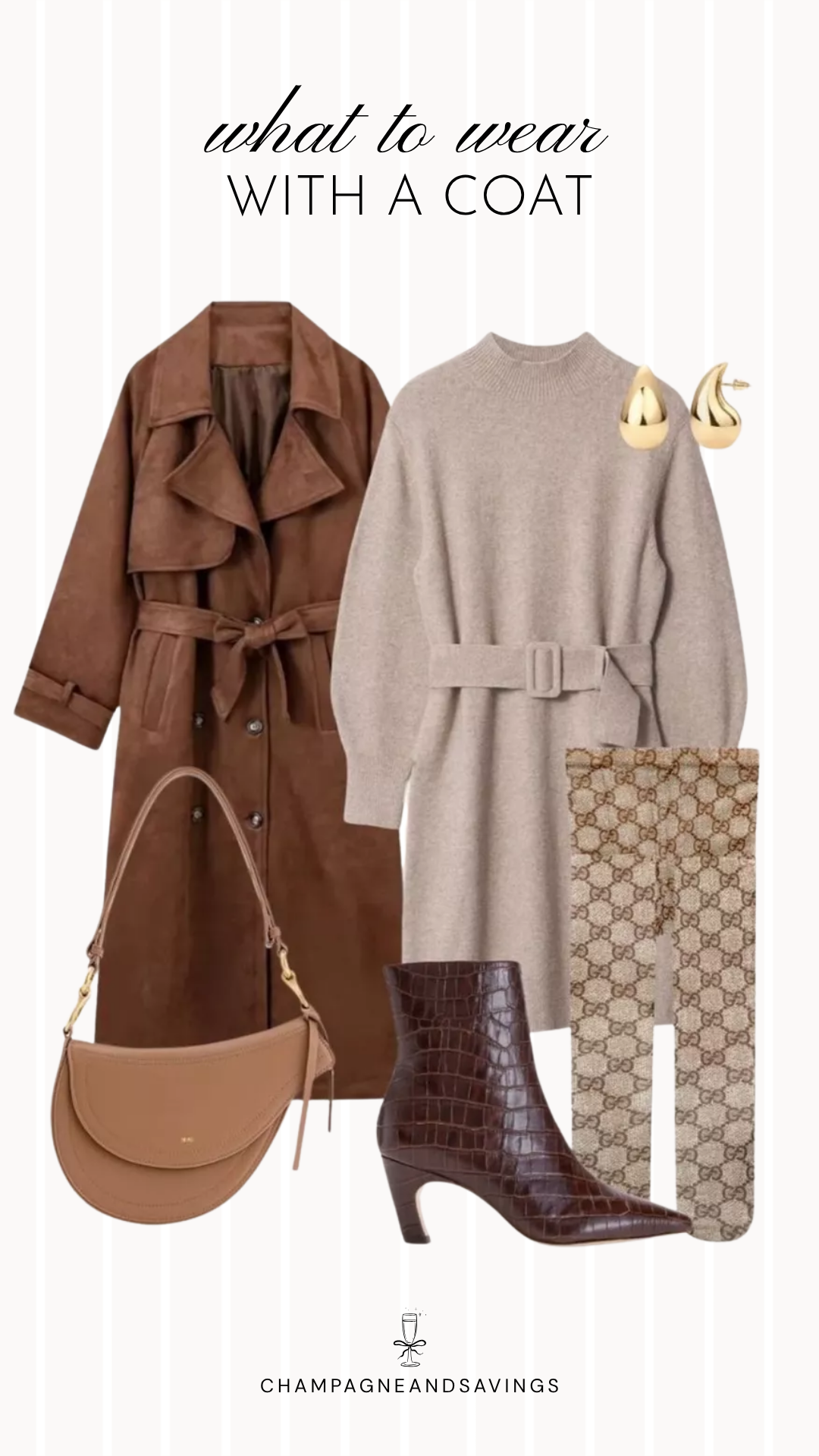 Coat styling idea featuring a sweater dress layered with a suede trench and croc boots, shown in a fall fashion collage with coordinated outfit pieces for a chic and sophisticated layered look.
