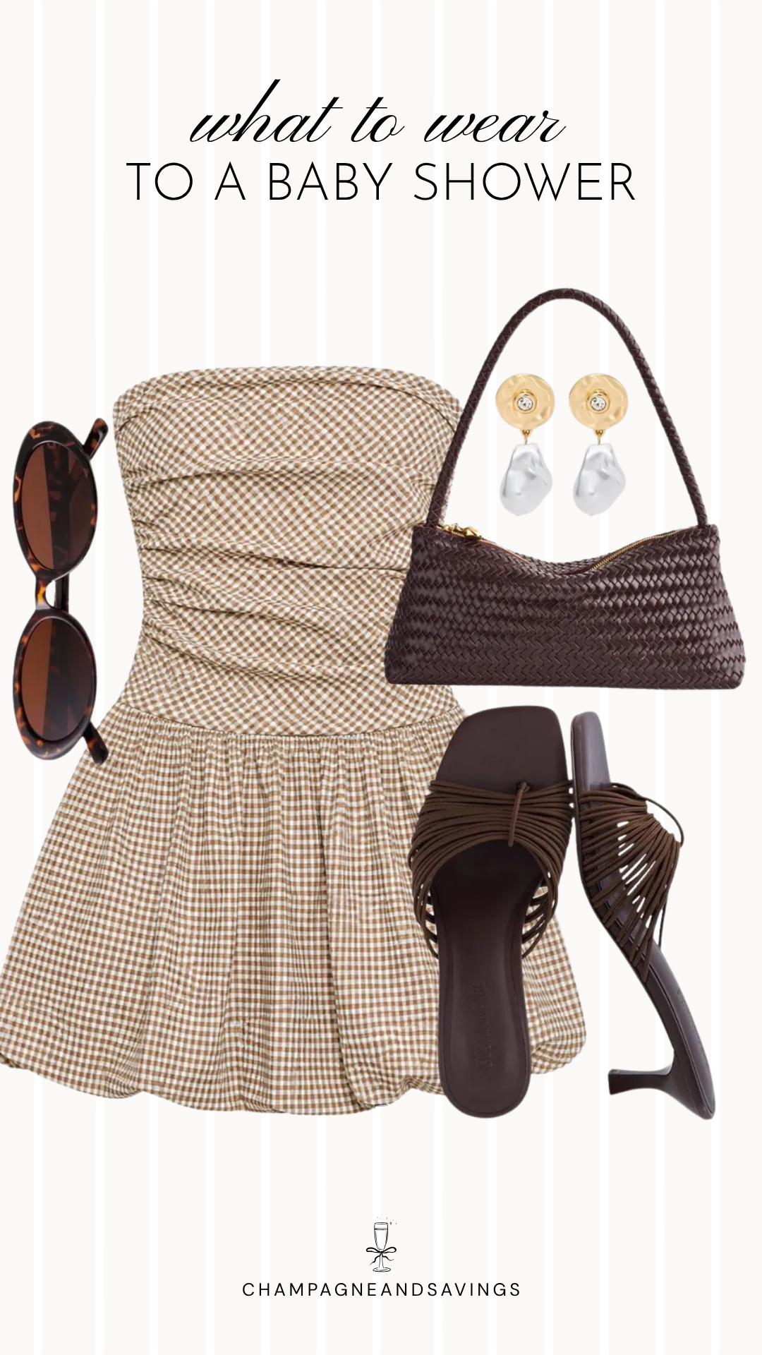 Collage of outfit pieces featuring a gingham mini dress with strappy sandals, a coordinating handbag, and accessories for a cute and trendy baby shower guest outfit idea.