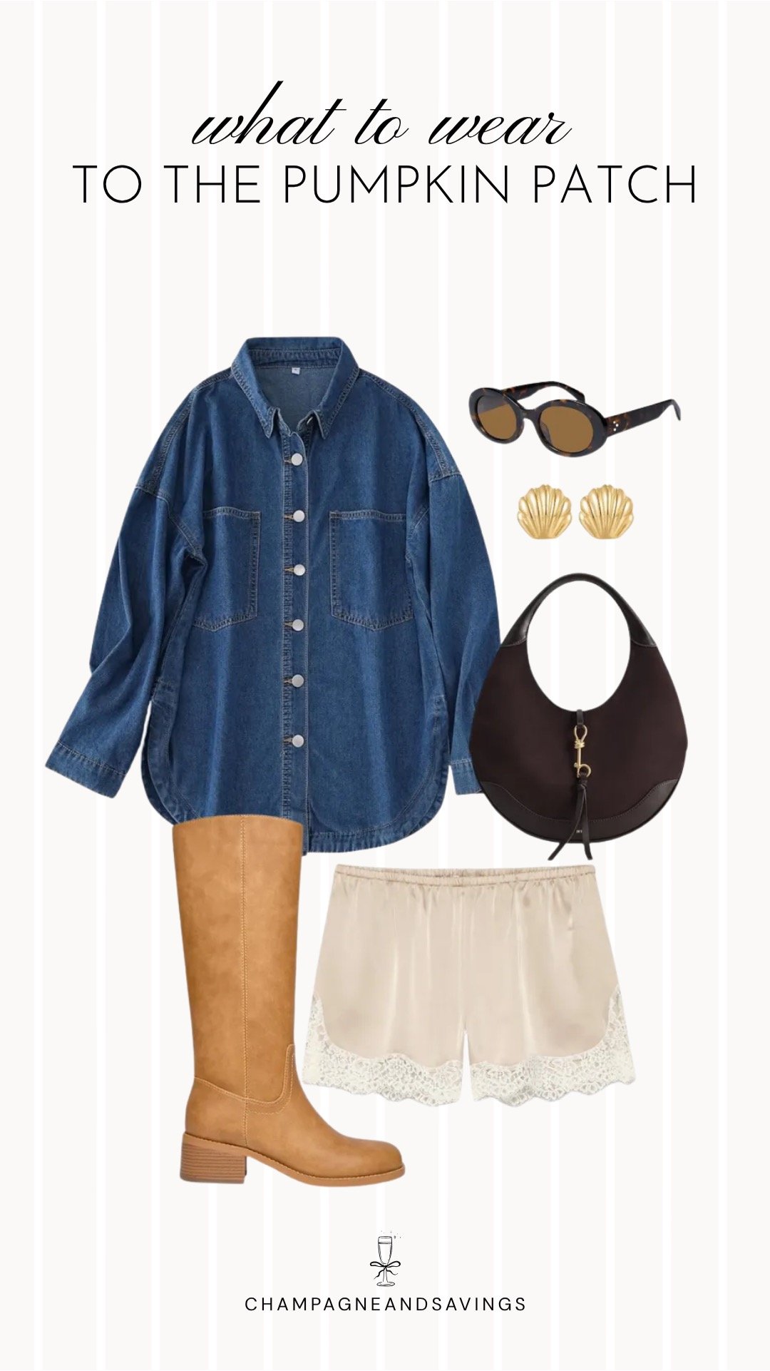 Collage of outfit pieces featuring an oversized chambray shirt styled with satin shorts and tall boots for a trendy pumpkin patch outfit idea with a cozy western-inspired fall vibe.