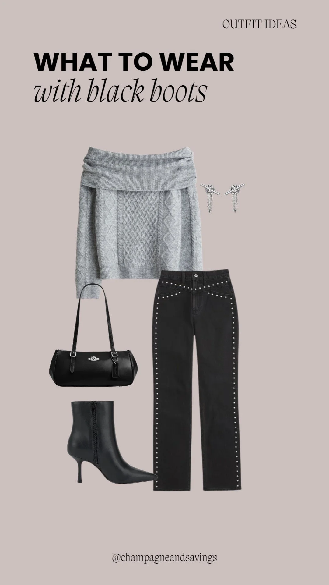 Elevated casual outfit featuring studded jeans styled with black boots for a chic, modern look.