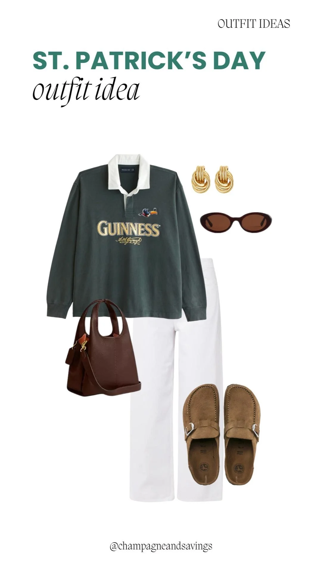Guinness rugby top paired with white jeans for a casual and festive St. Patrick’s Day outfit.