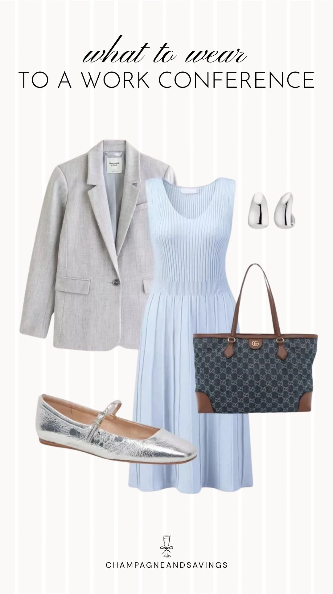 Collage of work conference outfit pieces featuring a light blue knit dress, grey blazer, and silver flats for a polished and professional conference-ready look.