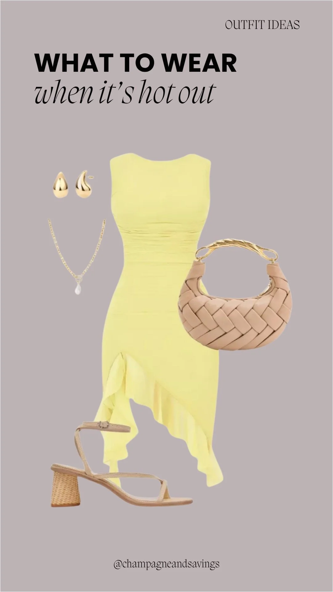 Hot weather outfit collage featuring a yellow asymmetrical midi dress styled with woven block heels for a bright, elegant summer look