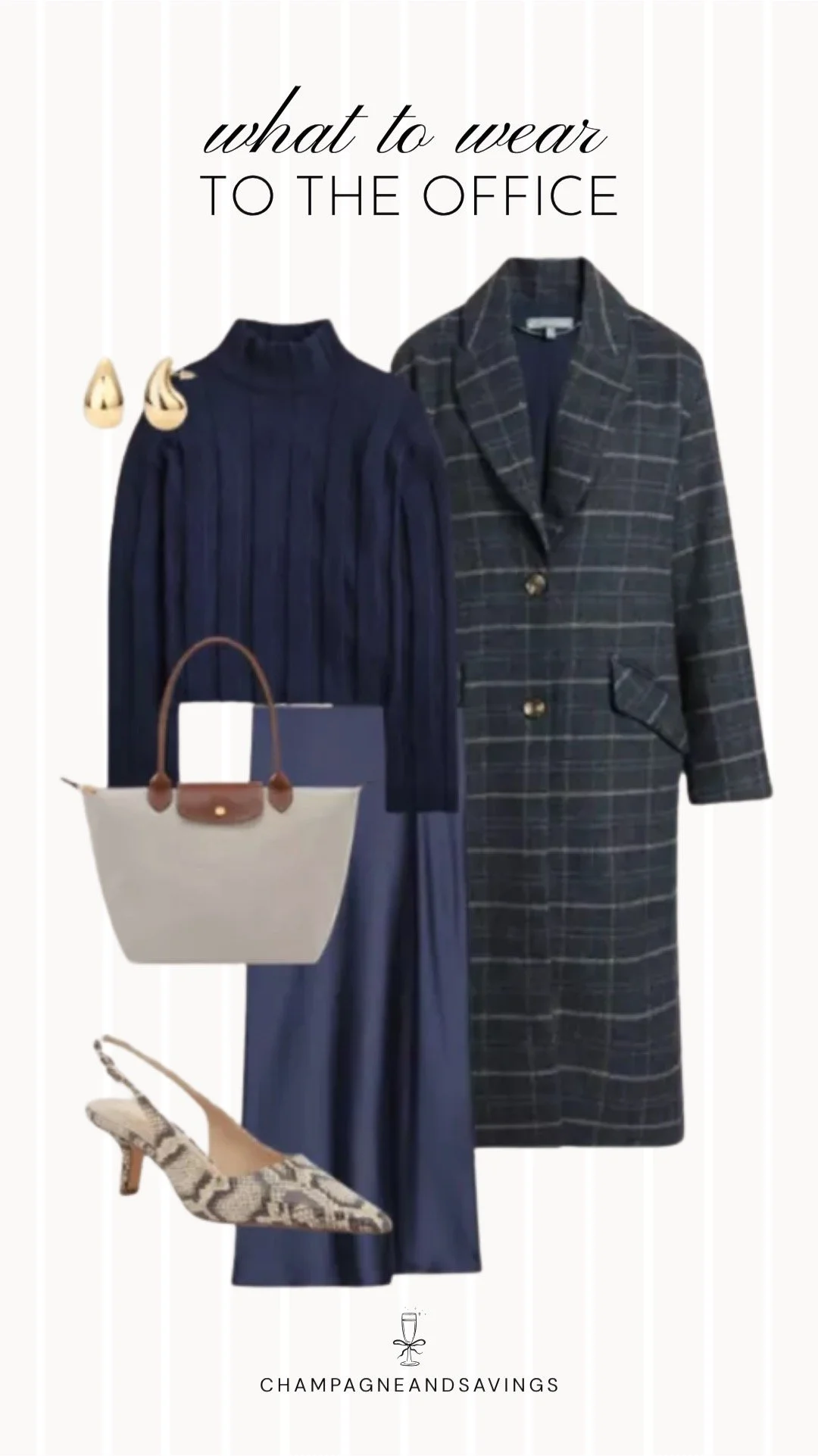 Collage of outfit pieces featuring a navy knit sweater and satin skirt styled with a plaid coat for a polished fall outfit that combines classic and feminine elements.