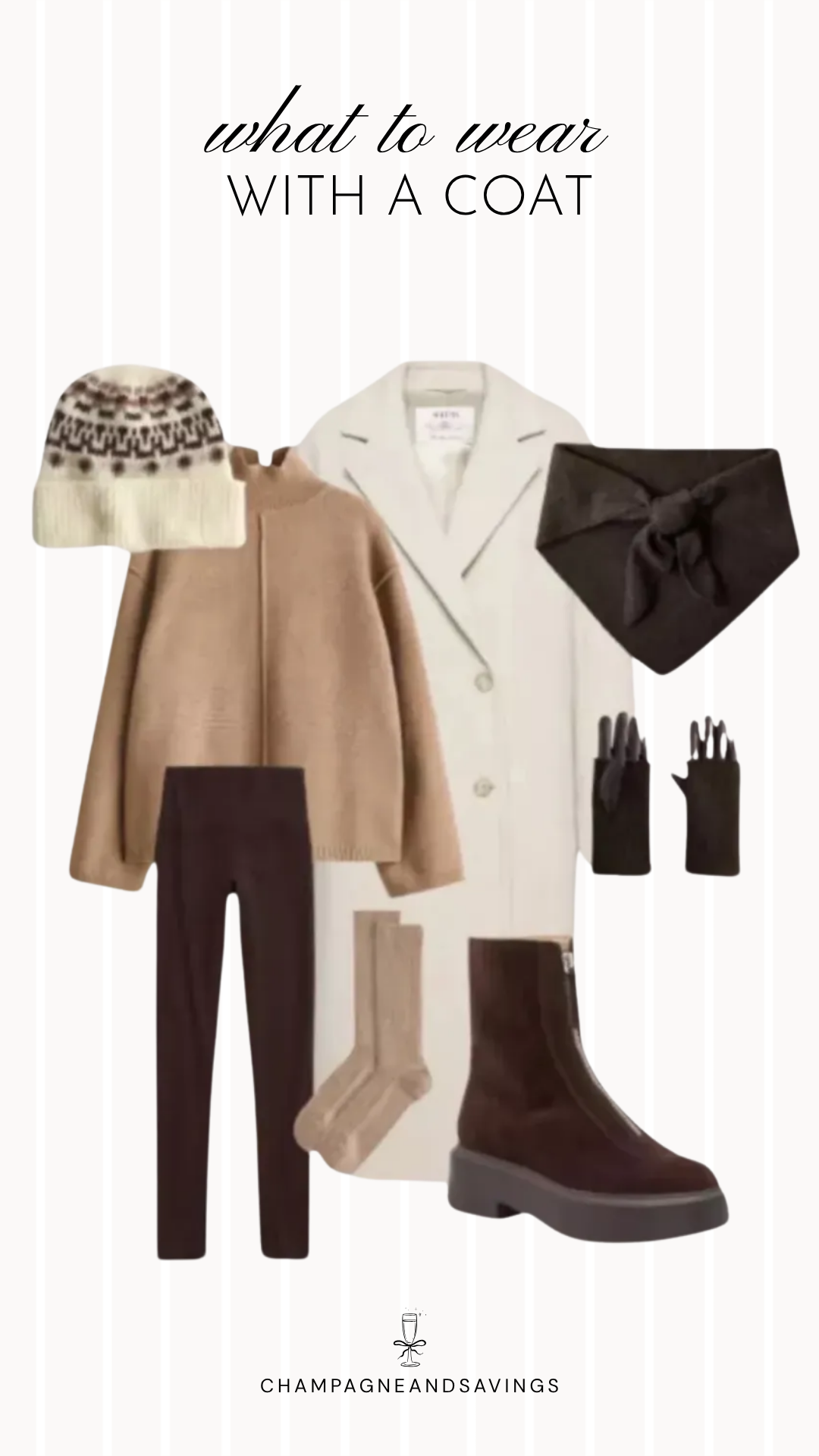 Coat styling idea featuring a camel sweater paired with a cream coat and brown boots, shown in a fall fashion collage with coordinated outfit pieces for a chic layered look.