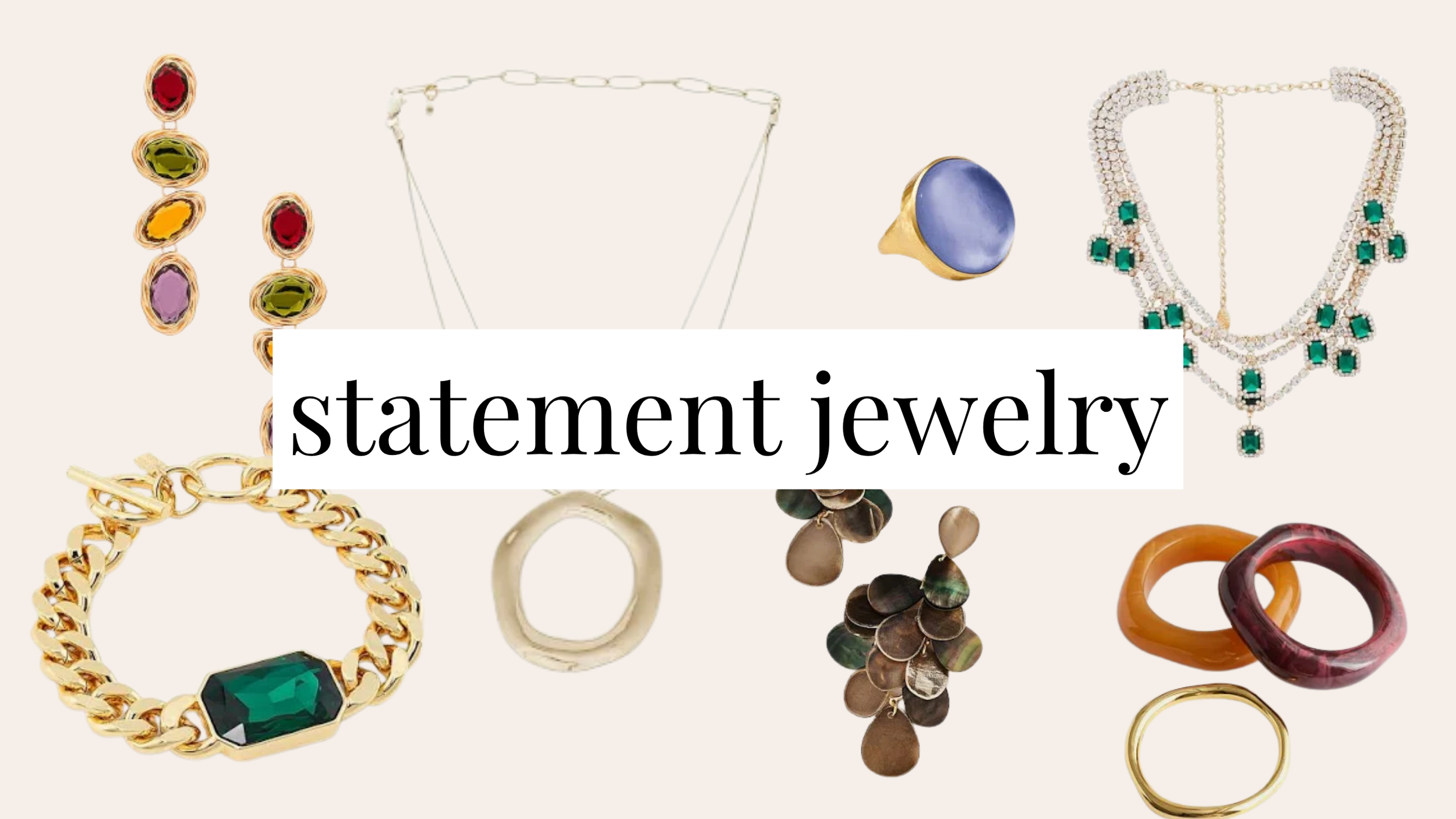 Collage featuring bold statement jewelry as an example of the statement jewelry trend to skip for fall 2026.