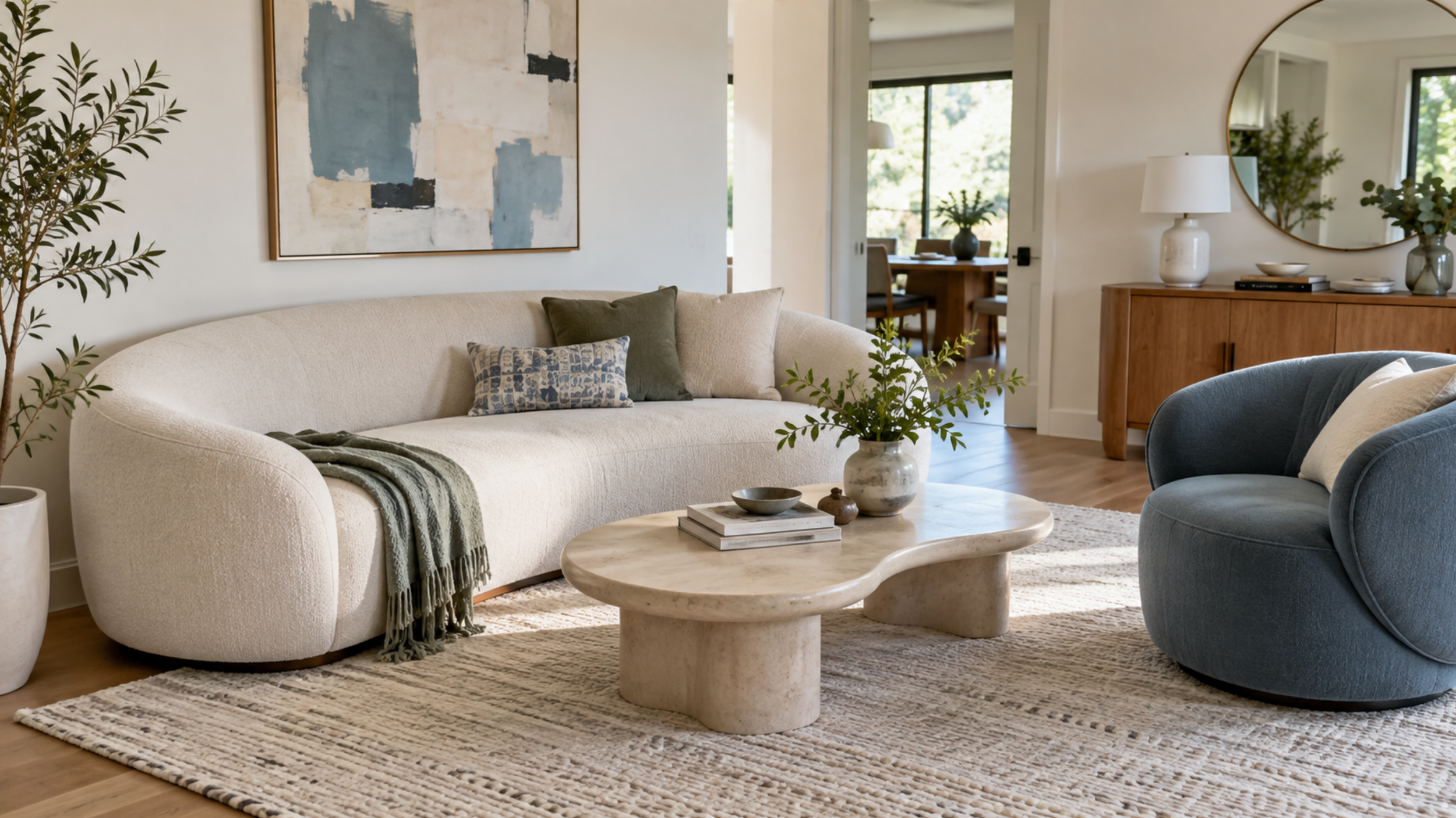 Contemporary living room with sculptural curved sofa and rounded accent chairs