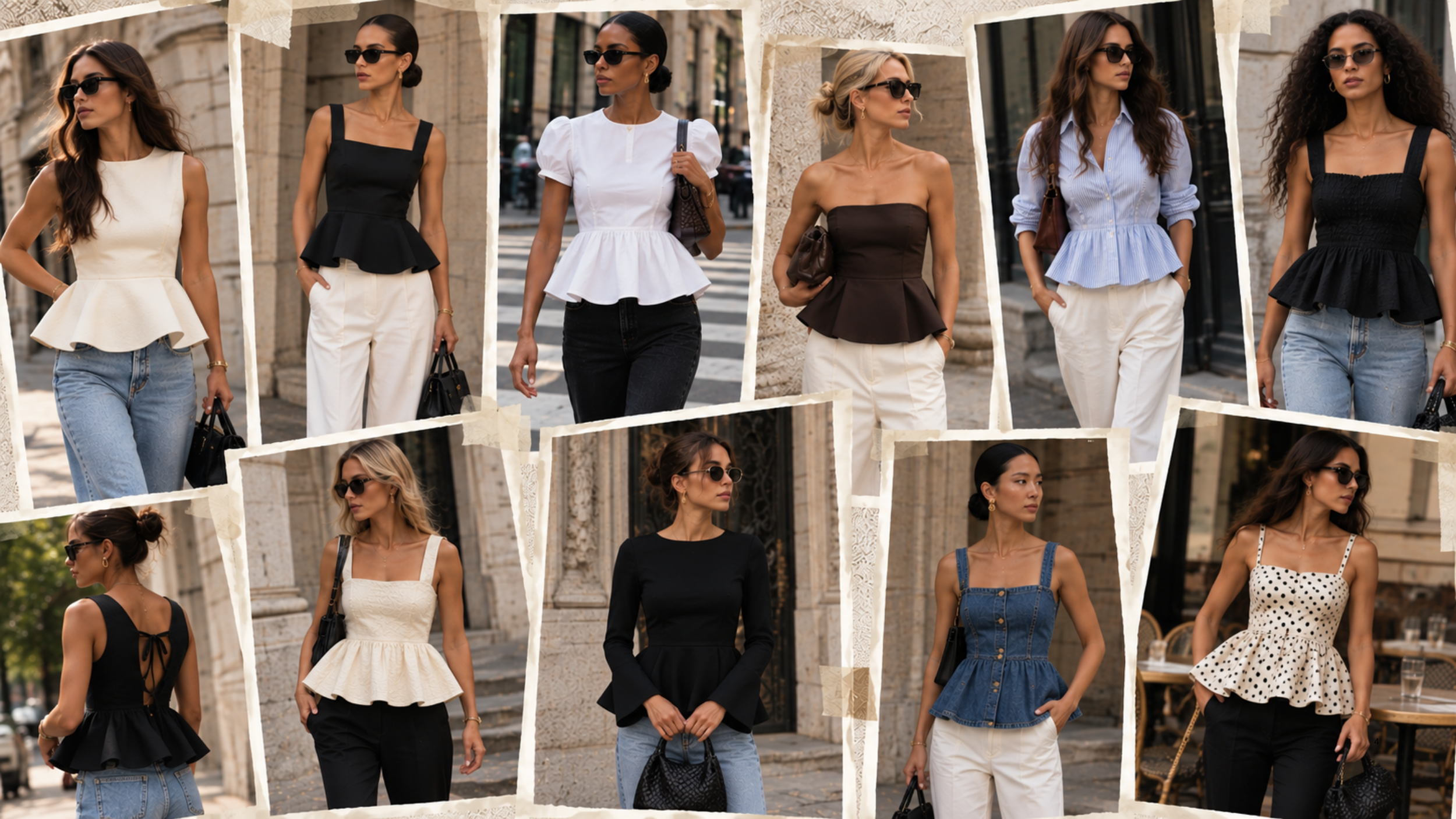 Collage featuring peplum tops styled in trendy millennial-inspired outfits for 2027.