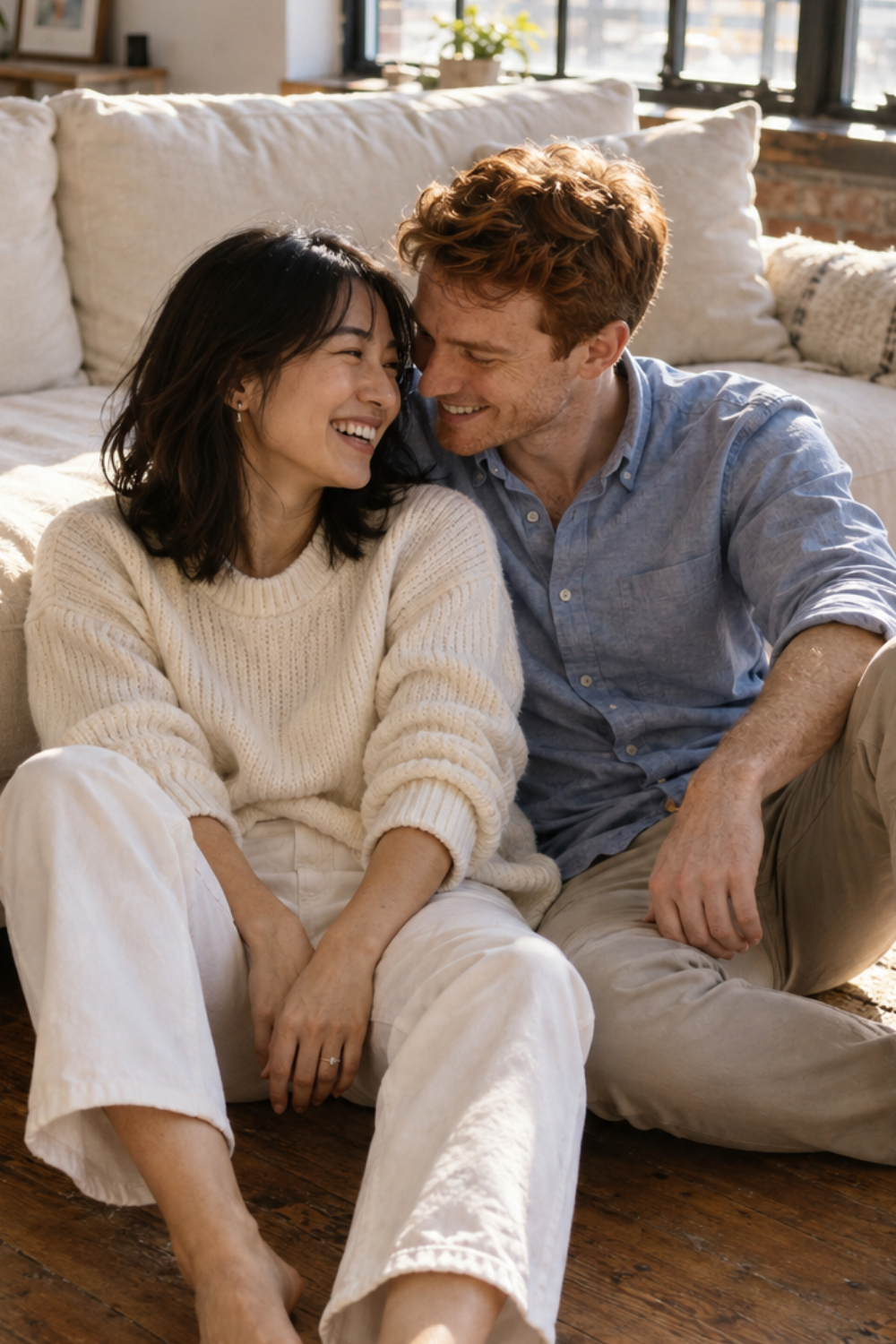 White engagement photo outfit idea featuring white jeans and a cream sweater.