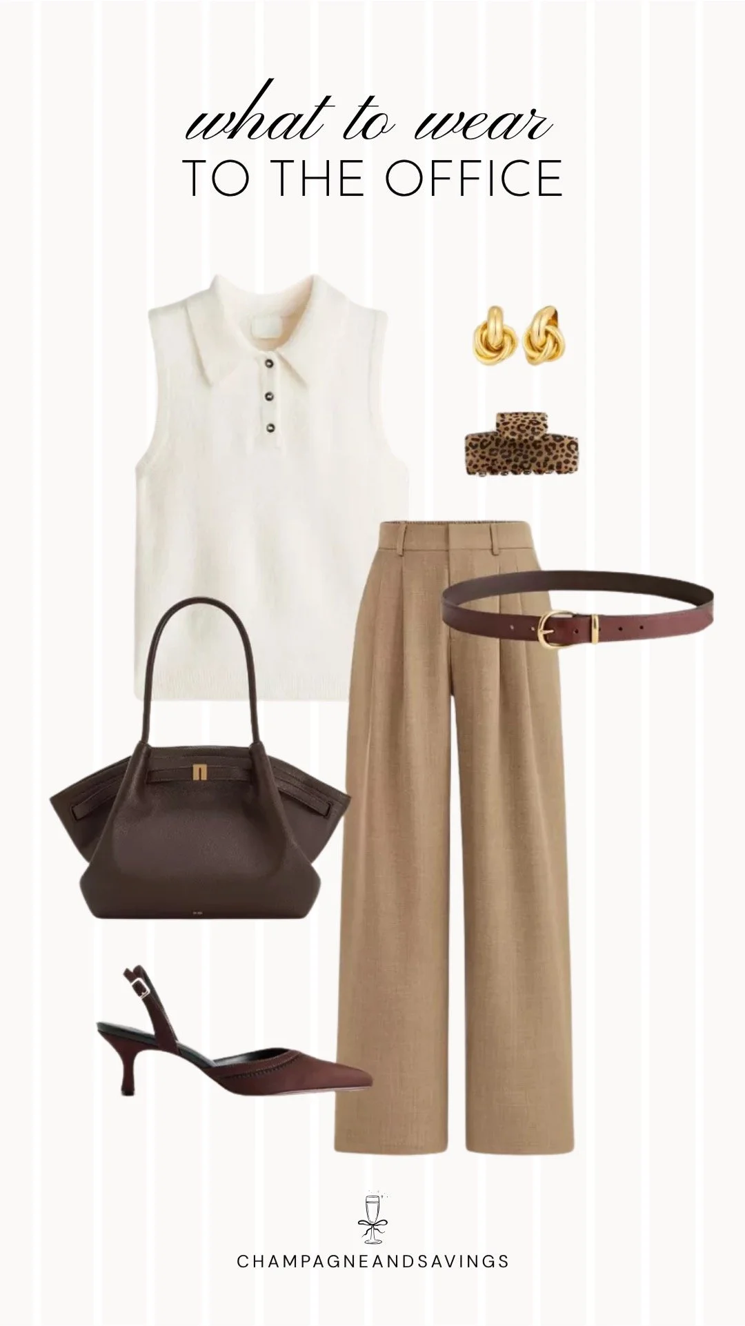 Collage of outfit pieces featuring a white knit polo paired with camel trousers for a polished outfit with a timeless and sophisticated feel.
