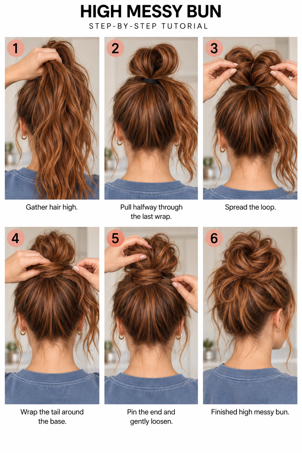 Step by step tutorial on how to do a high messy bun.