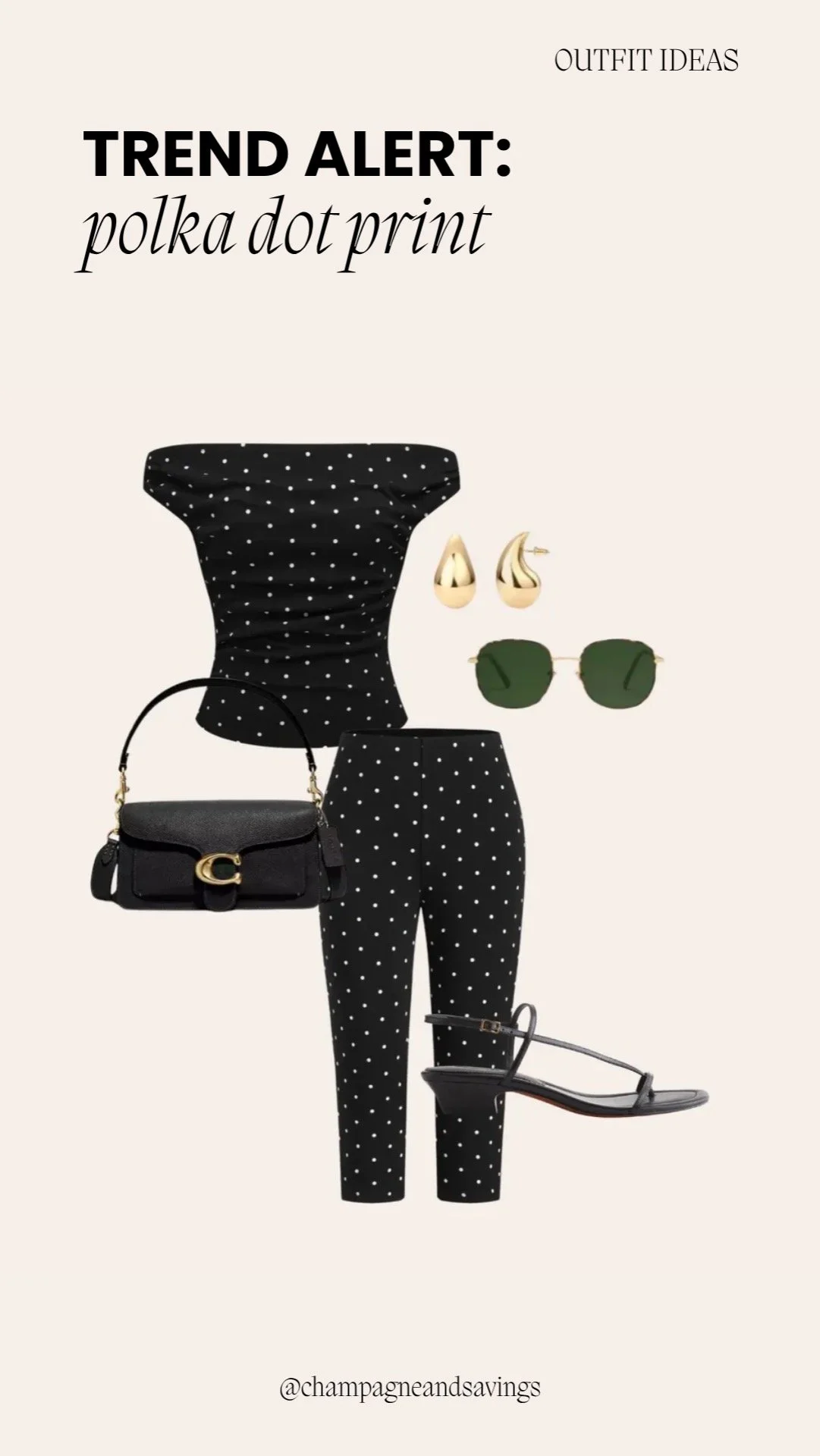 Collage of outfit pieces featuring a polka dot matching set paired with strappy sandals, styled for a chic and coordinated look.