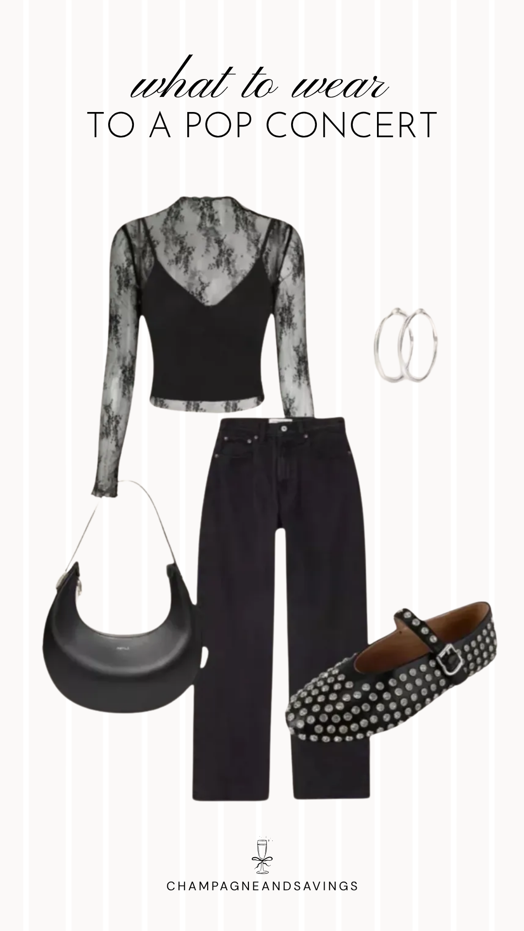 Collage of outfit pieces featuring a lace top paired with black jeans and studded flats, creating a stylish and edgy pop concert outfit idea.
