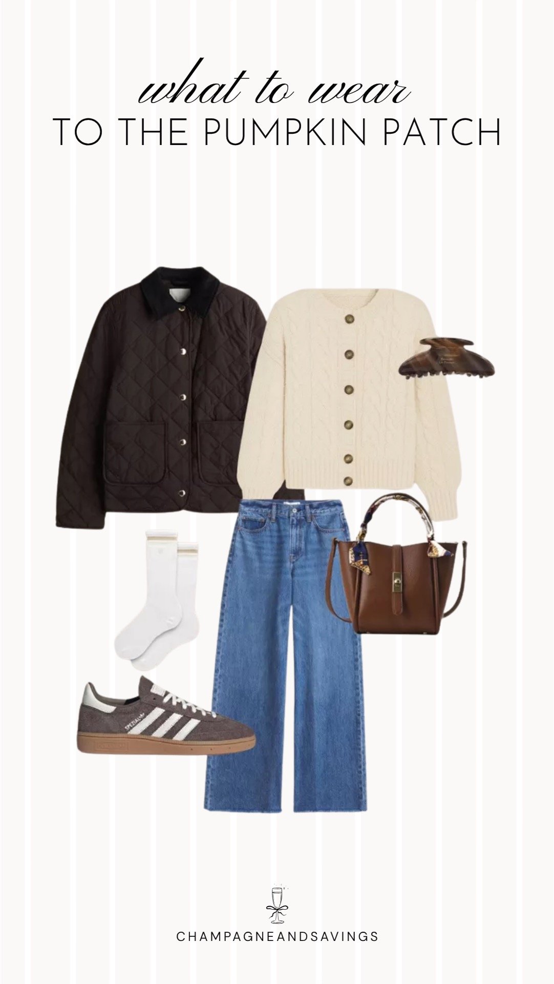 Collage of outfit pieces featuring a quilted jacket styled with a cream cardigan and wide leg jeans for a cozy pumpkin patch outfit idea with a classic casual fall vibe.