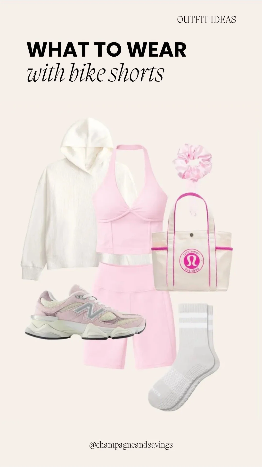 collage of bike shorts outfit idea featuring bike shorts styled with a pink matching set layered with a white hoodie, including coordinated outfit pieces arranged on a clean background