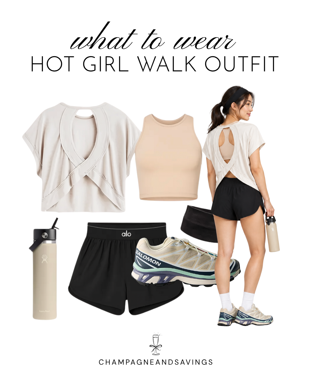 Hot girl walk outfit idea featuring an open-back workout top paired with running shorts, shown in a collage of outfit pieces for a cute and sporty walking outfit.