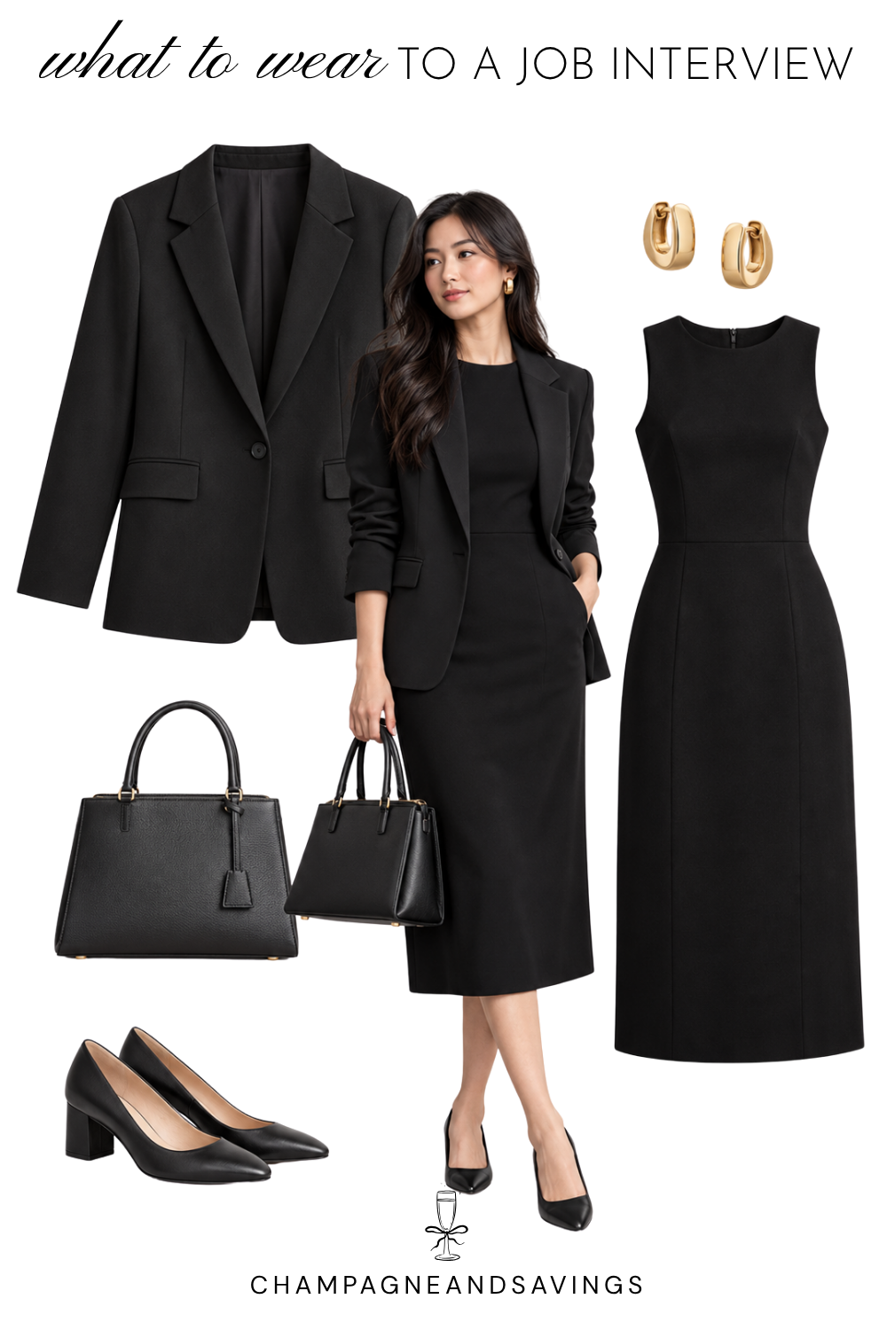 Job interview outfit idea for women featuring a black midi dress paired with a matching blazer, shown in a collage of outfit pieces for a polished, professional look.