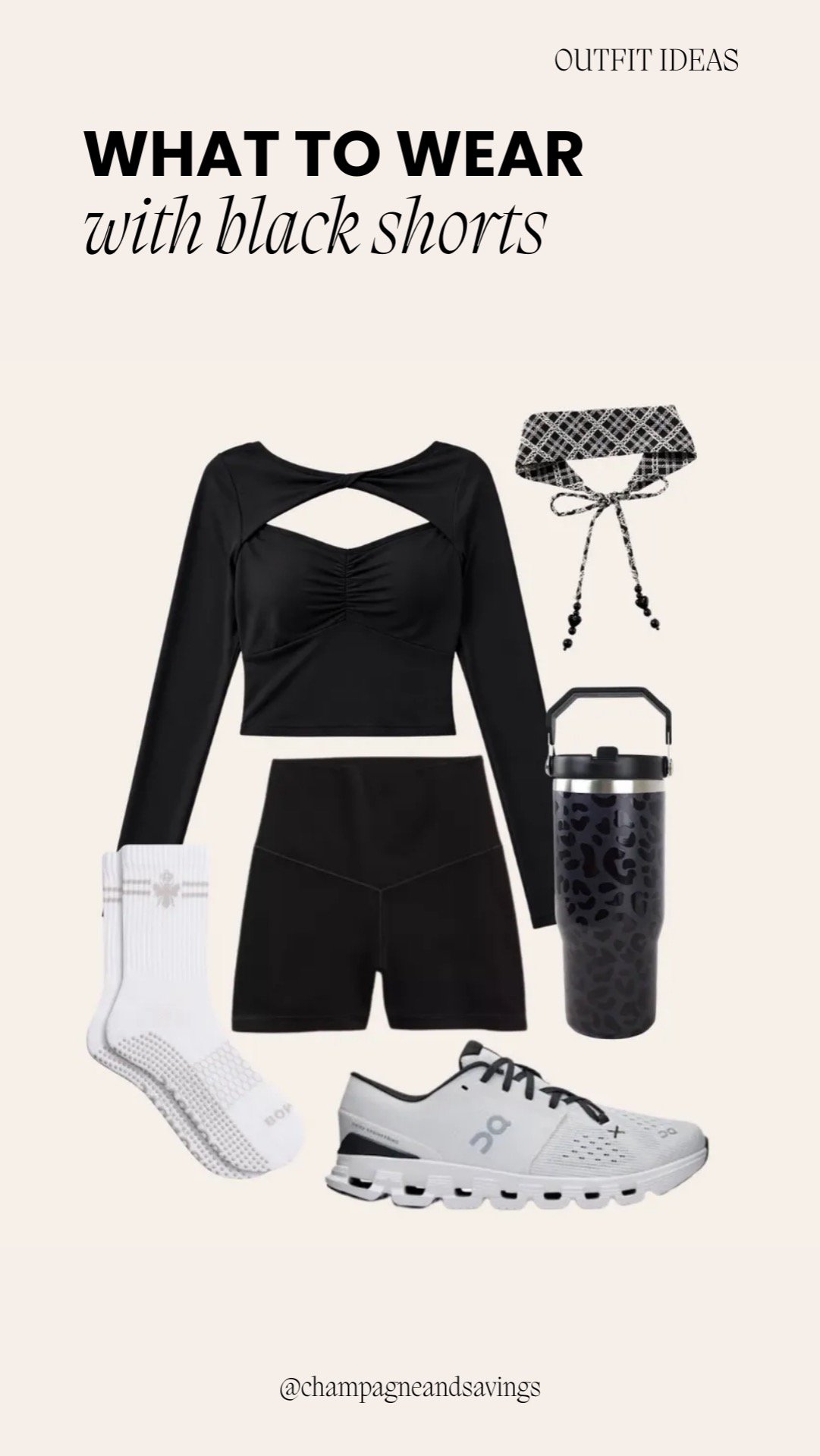 Collage of outfit pieces for a “Sporty Off Duty Moment” black shorts look, featuring black shorts paired with casual sporty tops and sneakers, styled in a relaxed athletic-chic aesthetic.