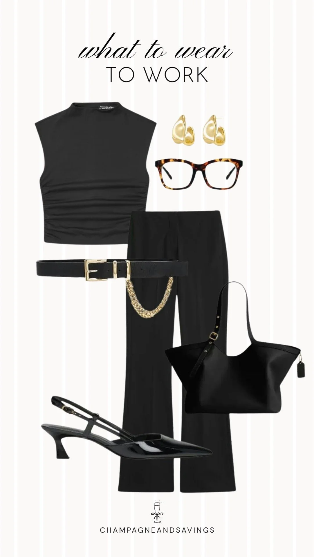 Edgy work outfit collage featuring an all-black ensemble with a statement chain belt detail and kitten heels, creating a sleek, sophisticated office look with a modern, fashion-forward edge.