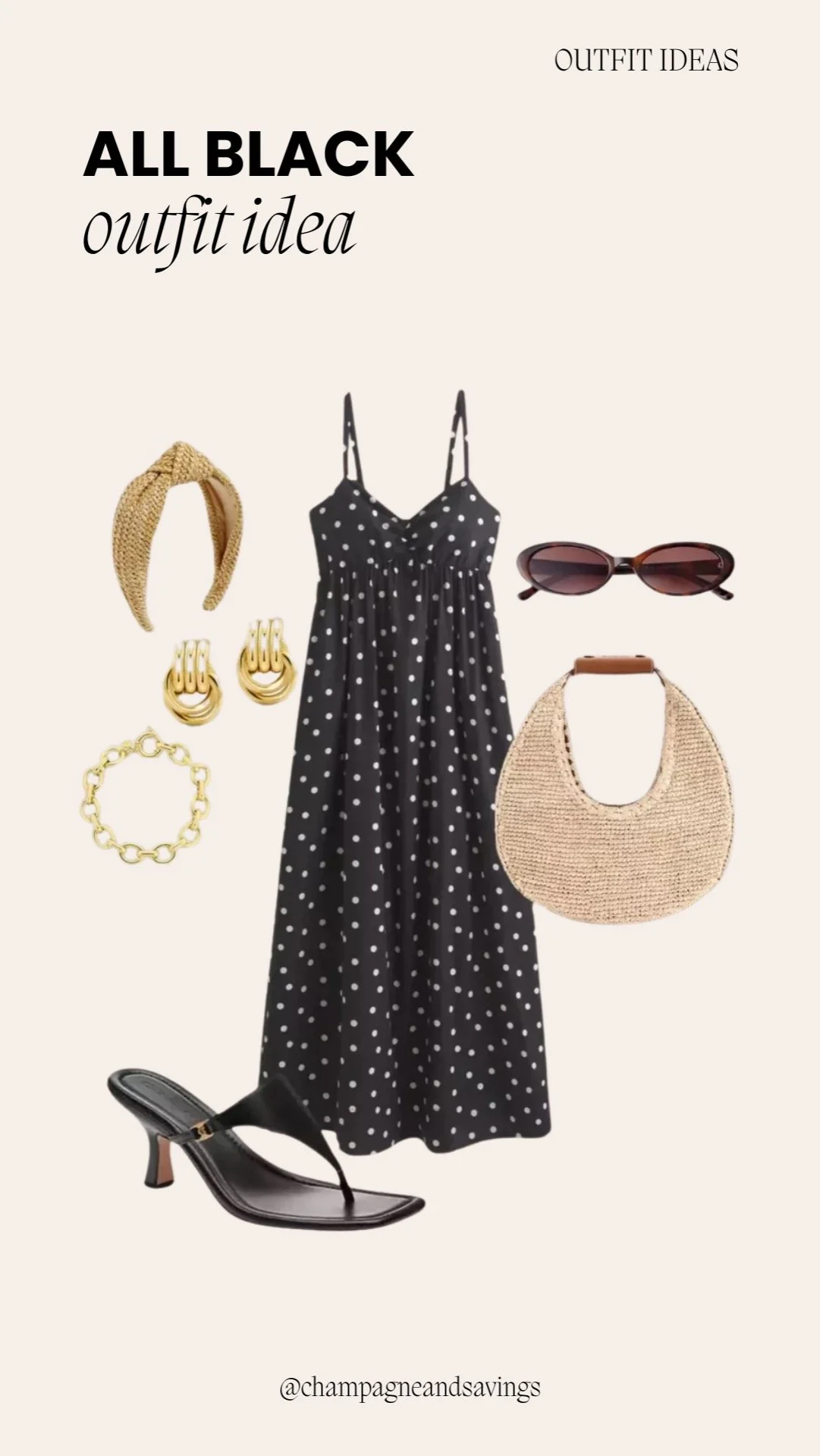 Outfit collage showing a cute and comfy all-black outfit idea with a polka dot maxi dress.