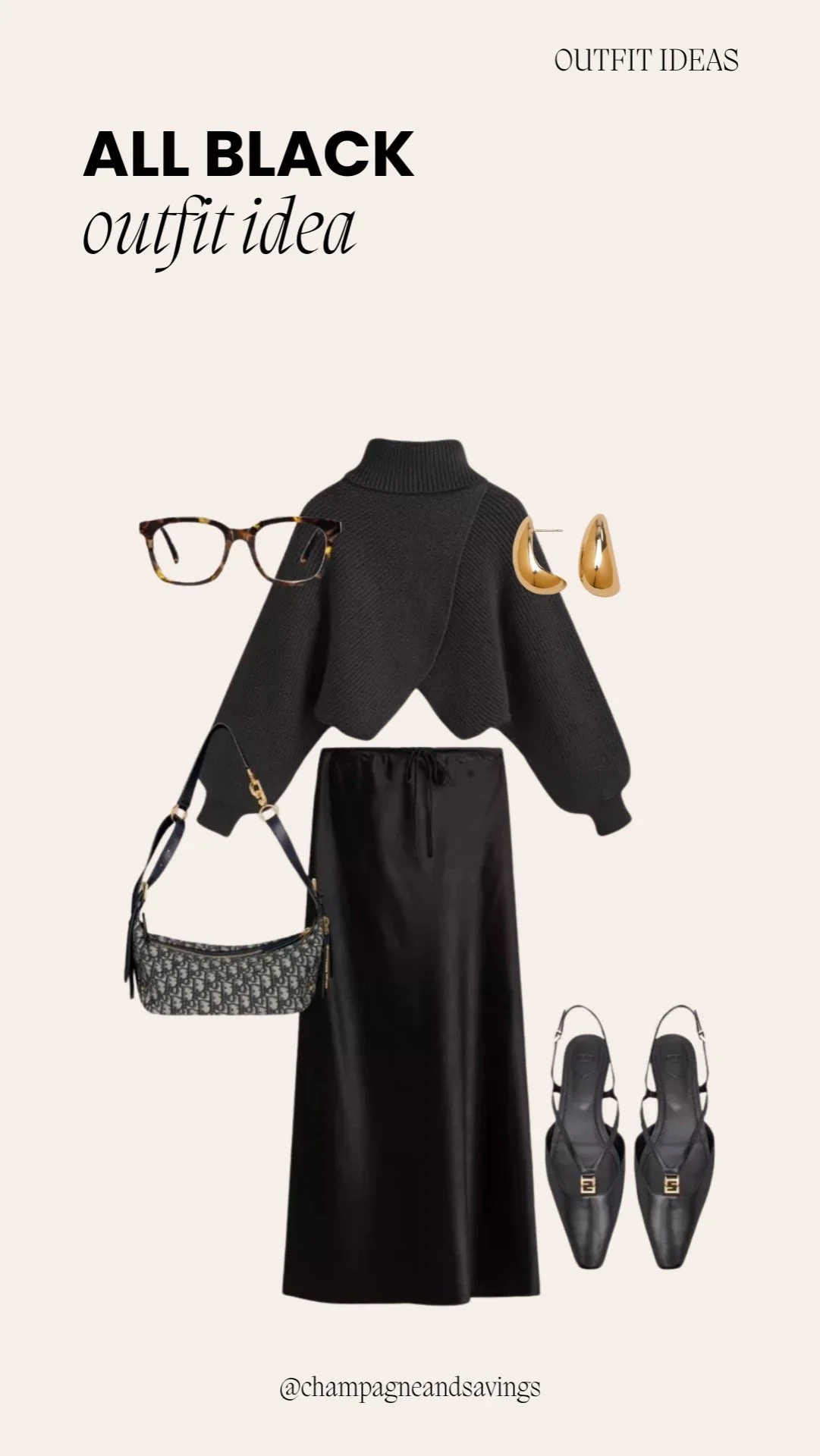 Outfit collage showing a cute and comfy all-black outfit idea with a knit sweater and satin maxi skirt.