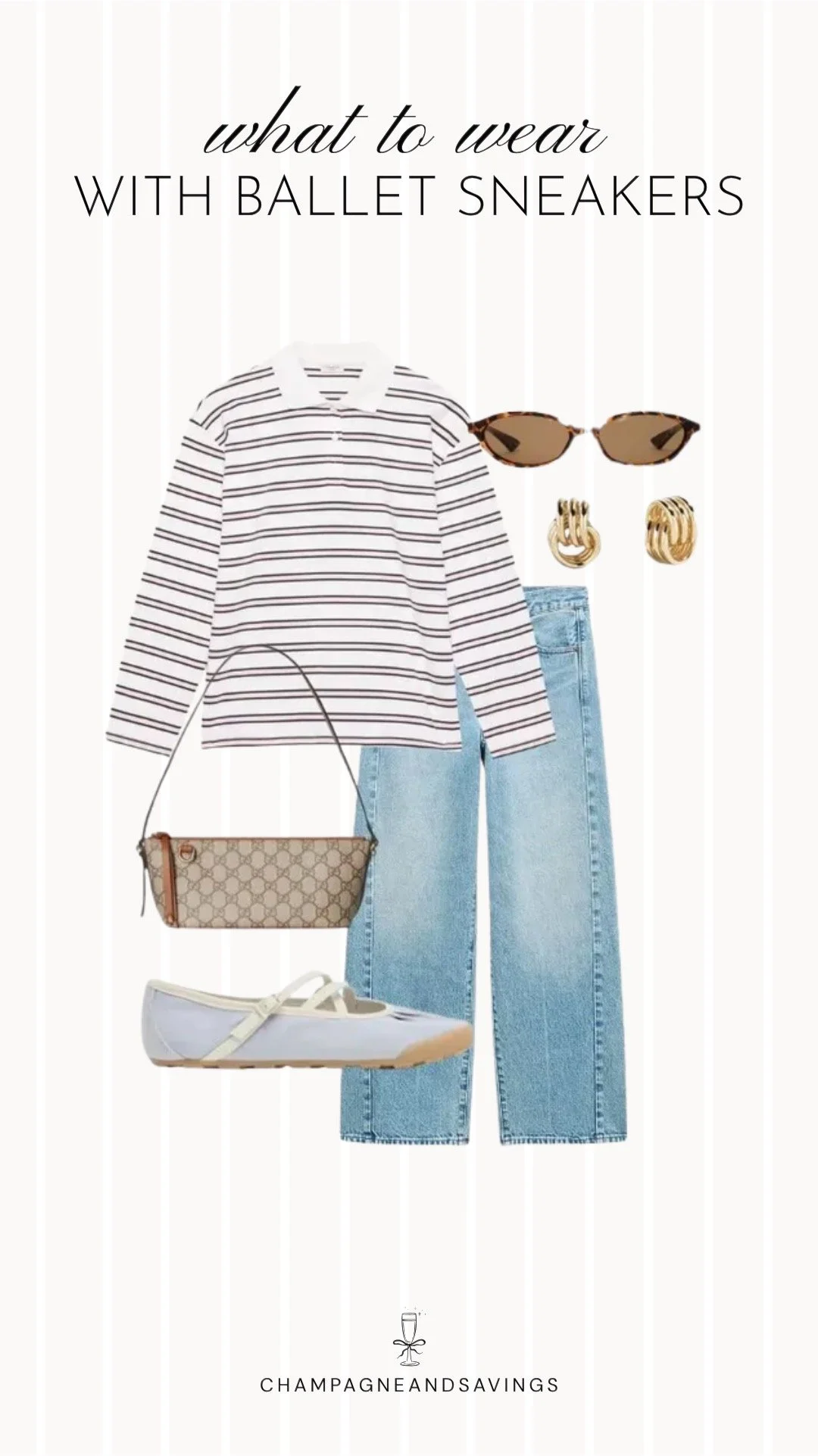 Collage of outfit pieces featuring ballet sneakers paired with a striped polo shirt and wide leg jeans for a casual yet polished everyday outfit.