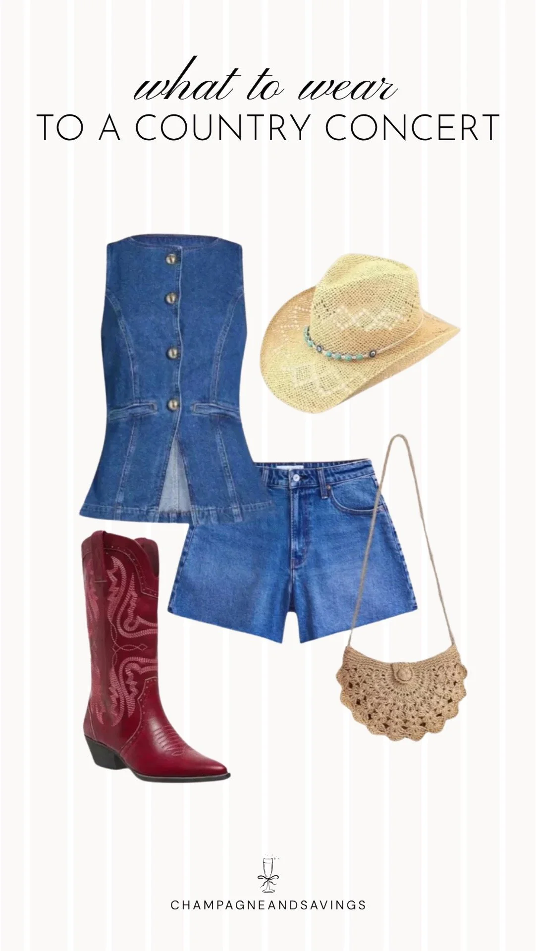 Collage of outfit pieces featuring a denim vest styled with matching shorts and a straw cowboy hat for a trendy country concert outfit idea with a western vibe.