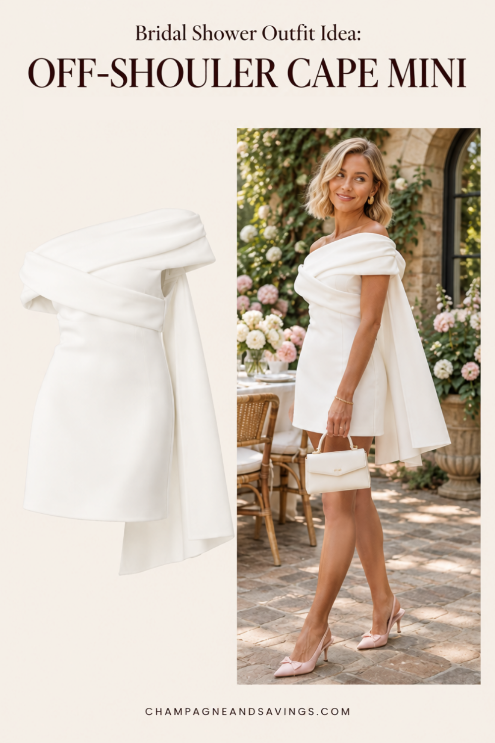 Trendy bridal shower outfit idea featuring a white off-the-shoulder cape mini dress, shown alongside a styled bridal look for the bride-to-be.
