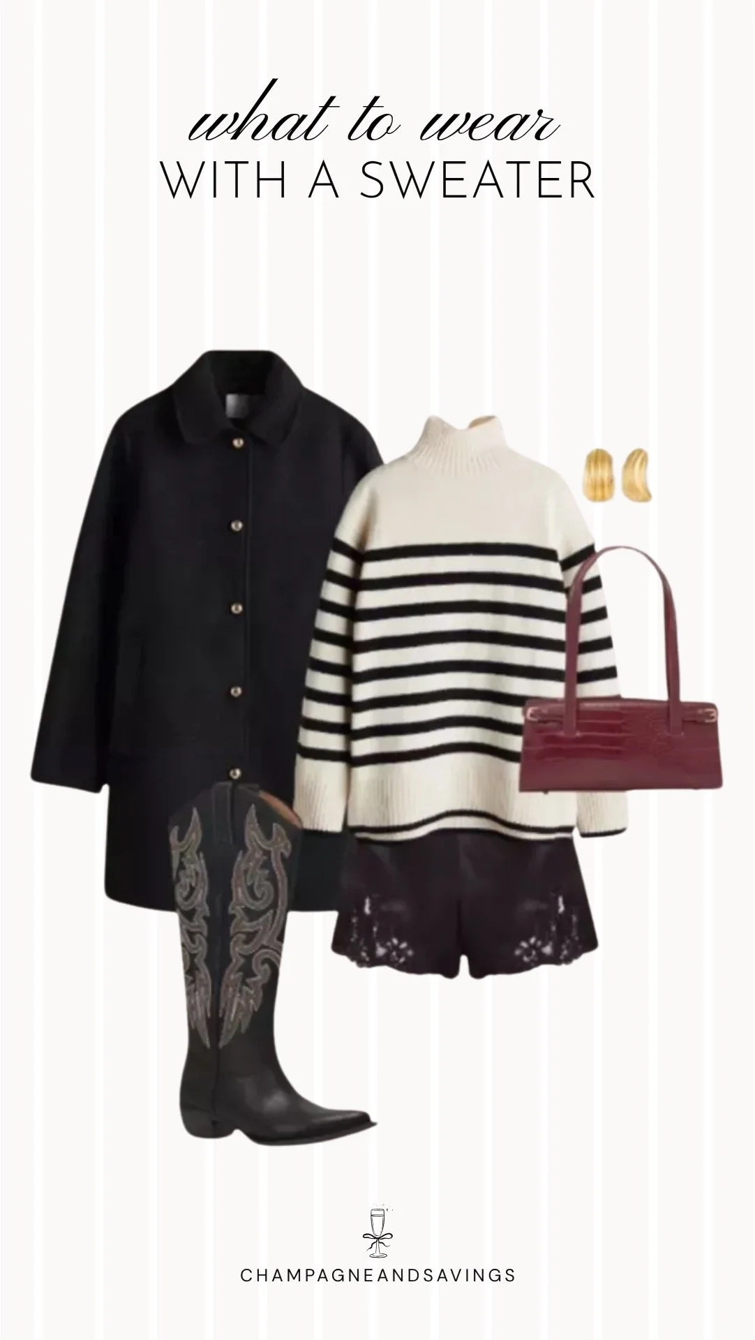 Collage of outfit pieces featuring a striped sweater styled with lace shorts and cowboy boots for a trendy and feminine sweater outfit idea.