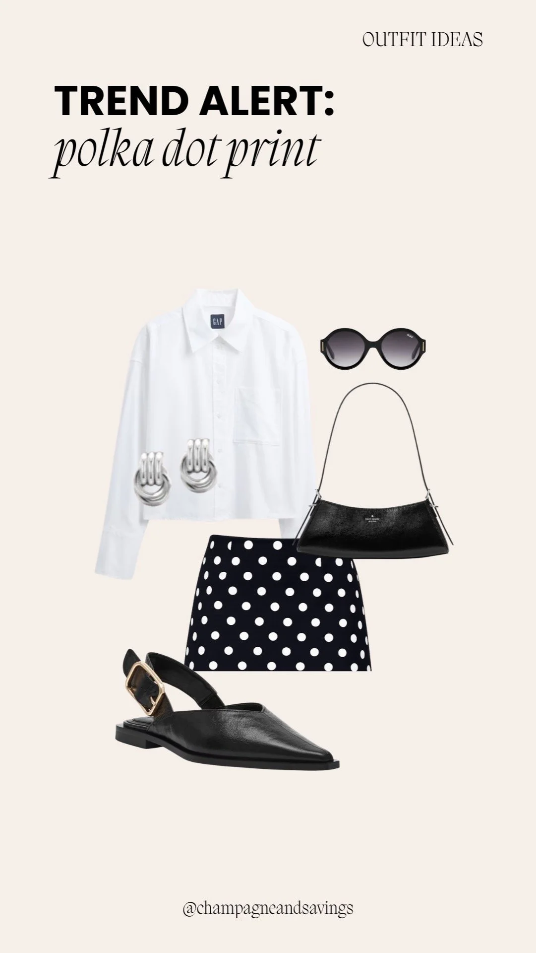 Collage of outfit pieces featuring a polka dot mini skirt paired with a white button-down and slingbacks, styled for a chic and polished look.