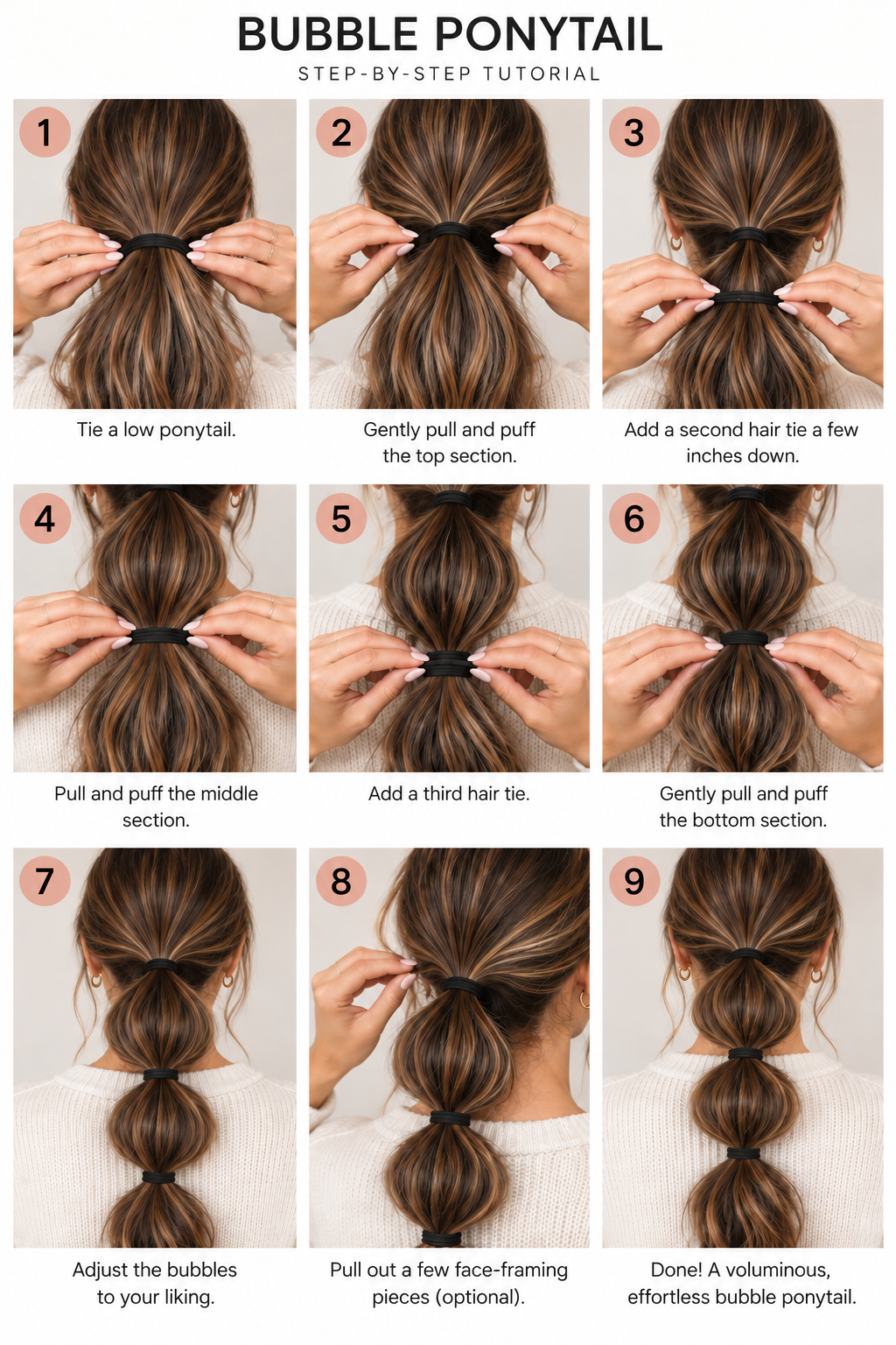 Step by step tutorial on how to do a bubble ponytail.