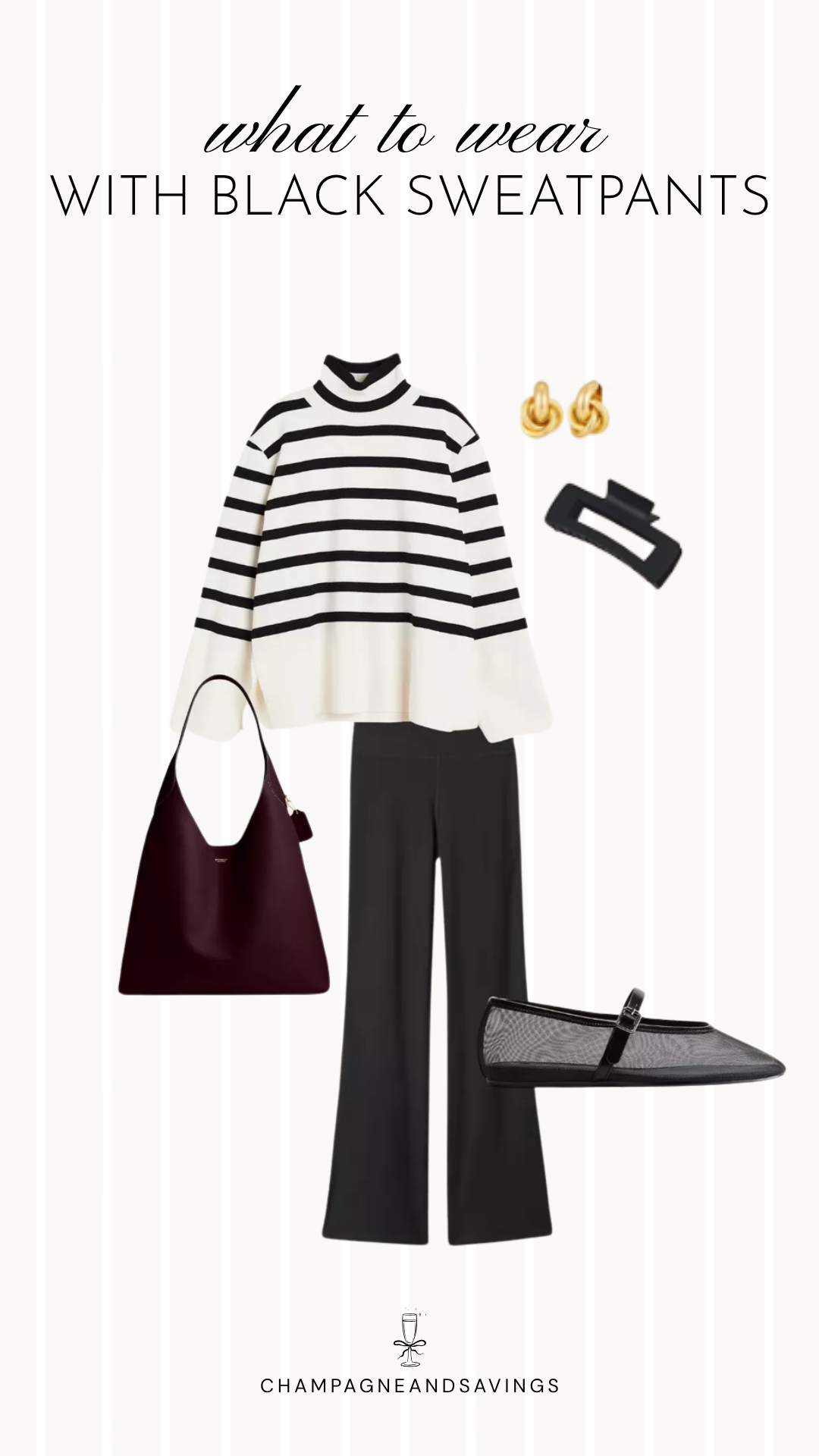 Black sweatpants outfit idea collage featuring a striped turtleneck sweater with black sweatpants, a claw clip, and a burgundy bag for a casual, put-together look.