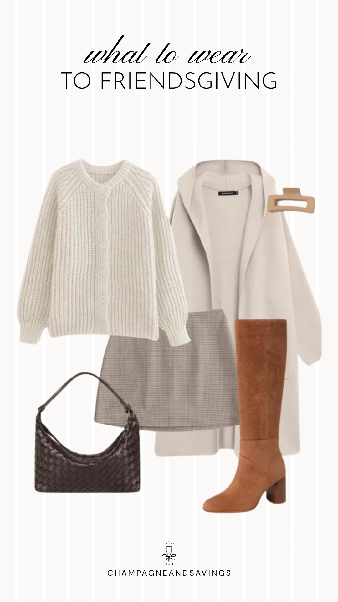 Friendsgiving outfit idea featuring a ribbed cardigan layered with a long coat and paired with a plaid mini skirt, styled together in a cozy fall fashion collage that's perfect for a chic holiday gathering.