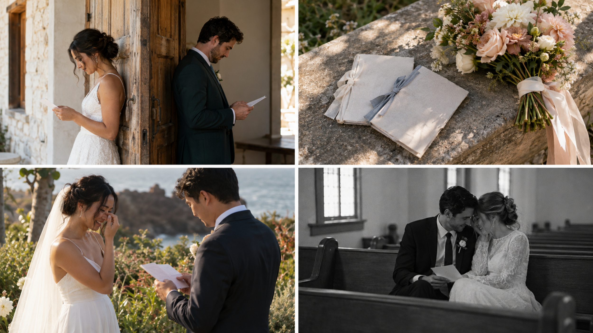 Private wedding vows collage featuring couples reading letters, ribbon-tied vow books, and an emotional outdoor exchange.