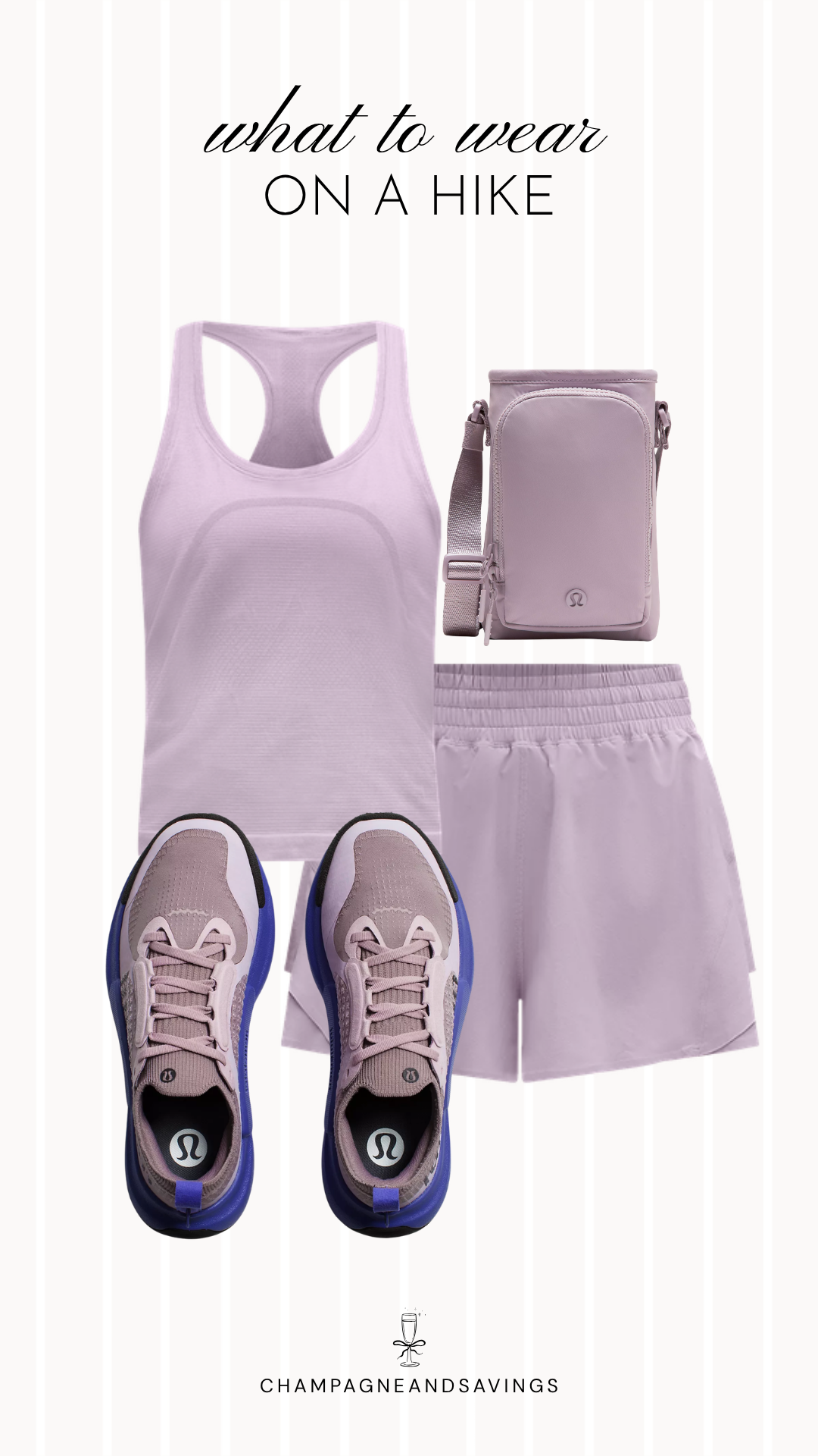 A collage of outfit pieces featuring a lavender tank and matching shorts set styled with a crossbody bag and hiking shoes, creating a lightweight, sporty, and comfortable hiking outfit for warm-weather trail adventures.