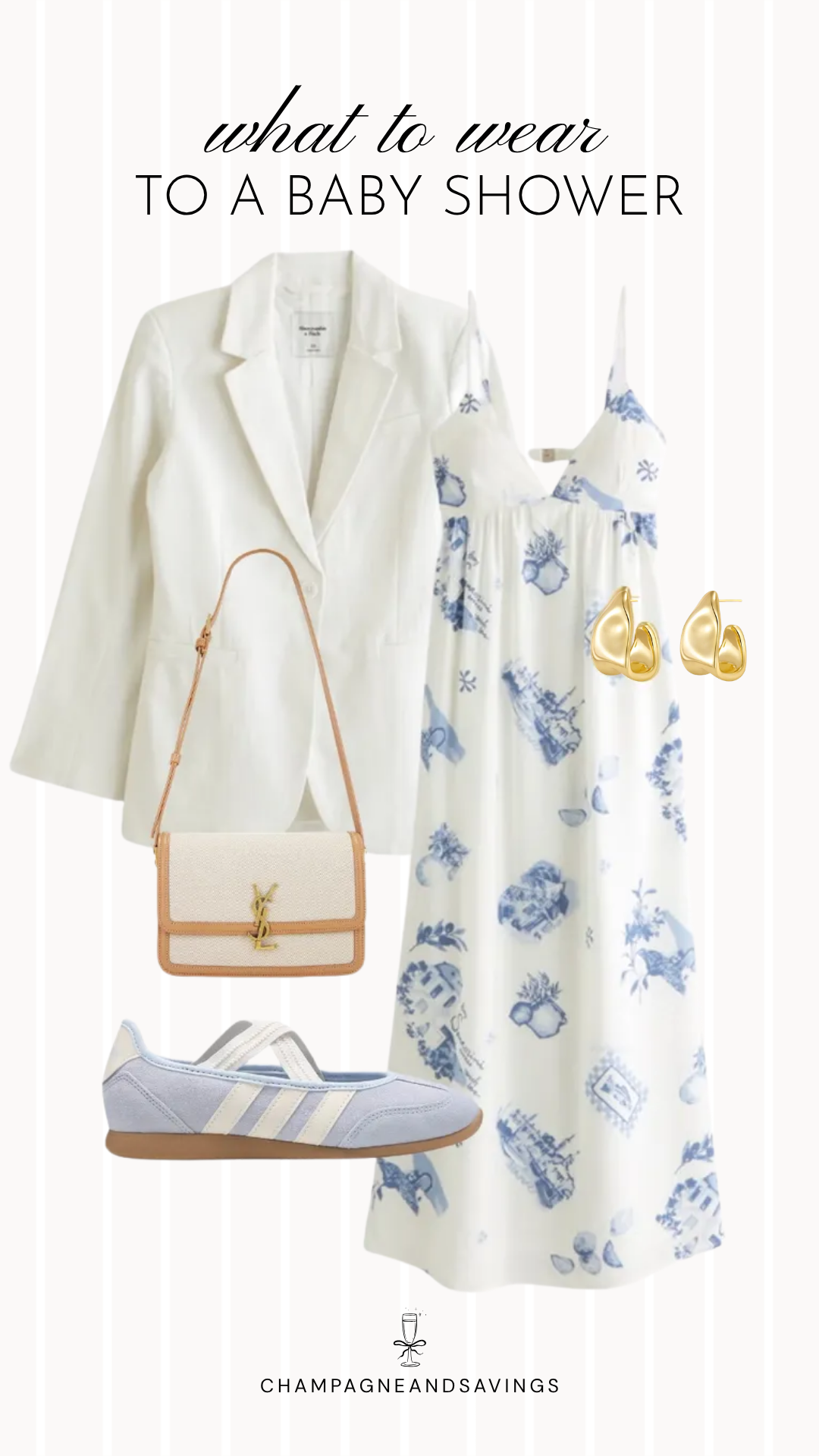 Collage of outfit pieces featuring a white blazer layered over a blue toile print maxi dress with coordinating shoes, handbag, and accessories for an elegant and trendy baby shower guest outfit idea.