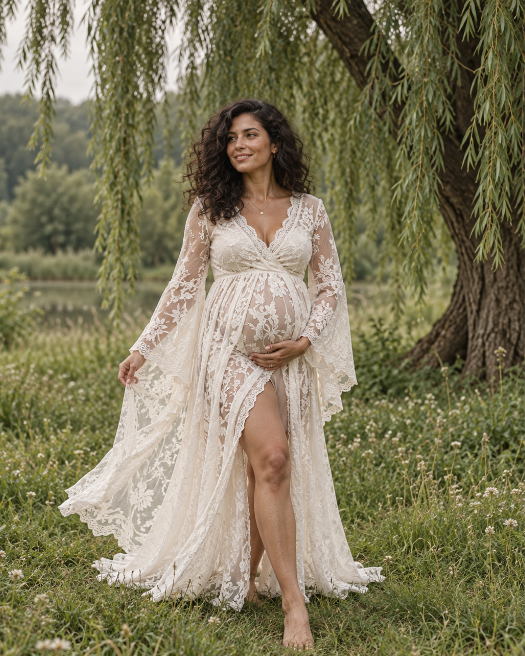 Sheer lace gown beneath willow tree